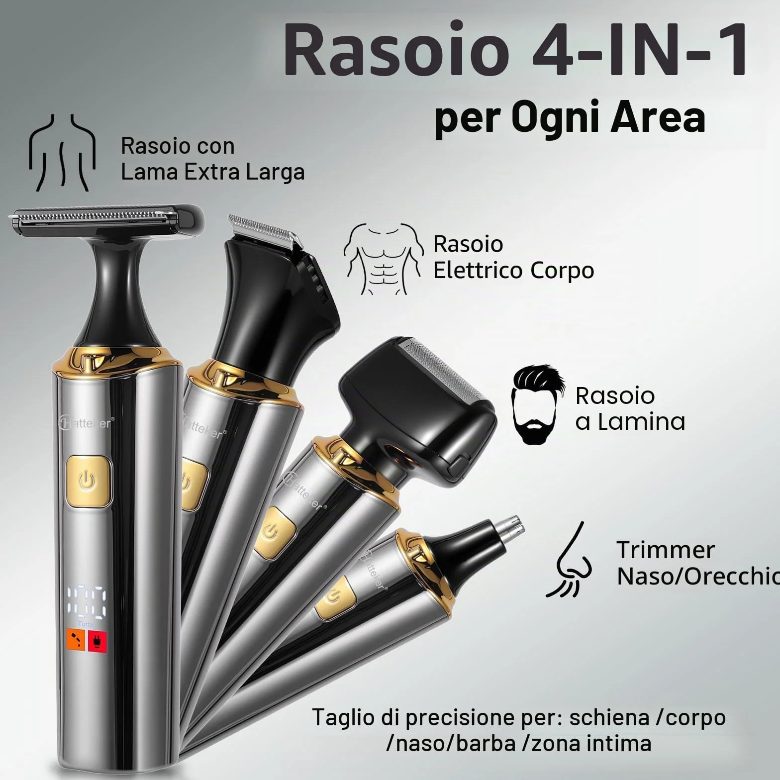 Hatteker Rasoio elettrico da uomo 4 in 1 impermeabile con braccio ausiliario allungabile
