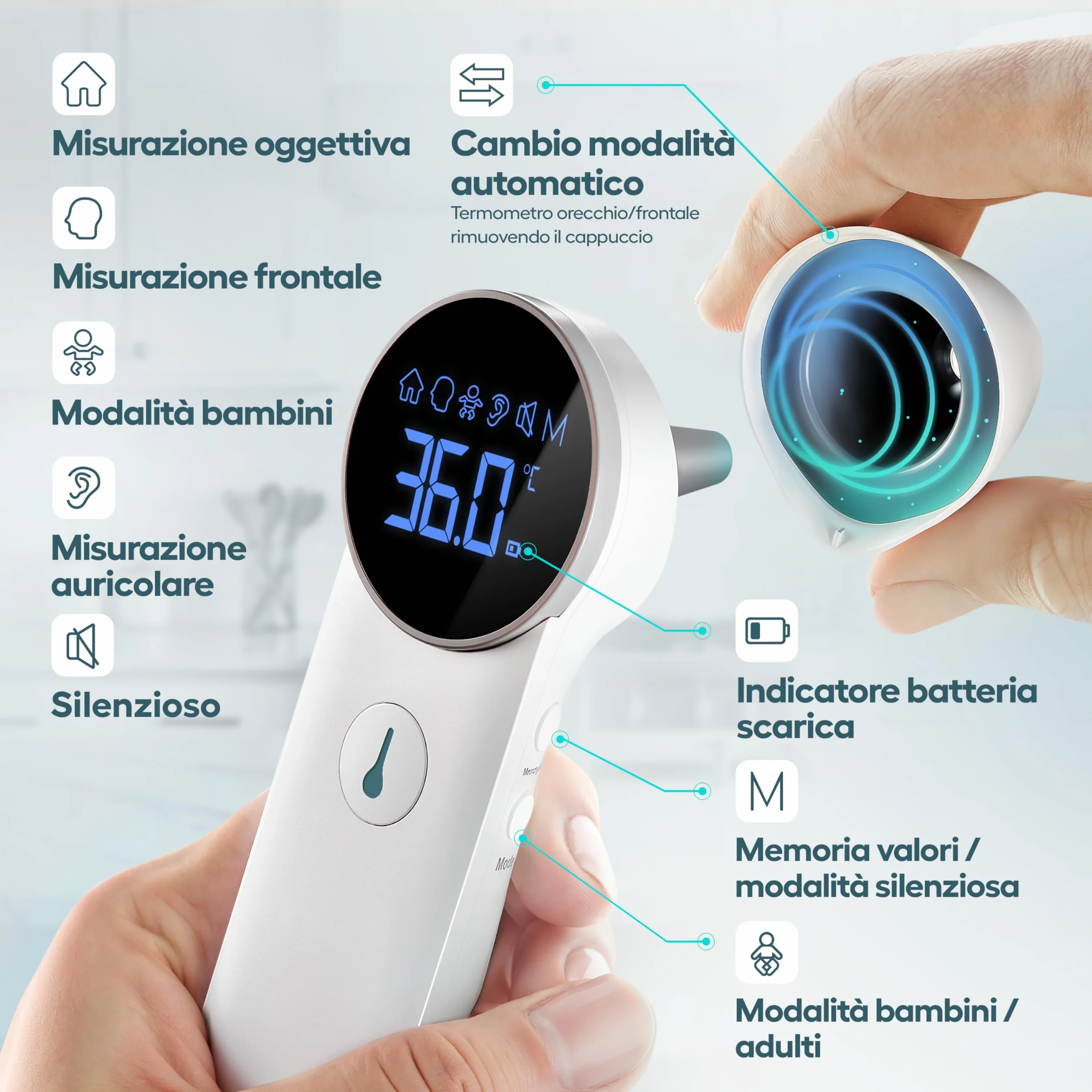 HIMMELSHAUCH MEDICAL Termometro Digitale Infrarossi 3 in 1 Auricolare e Frontale per Neonato Bambino Adulto