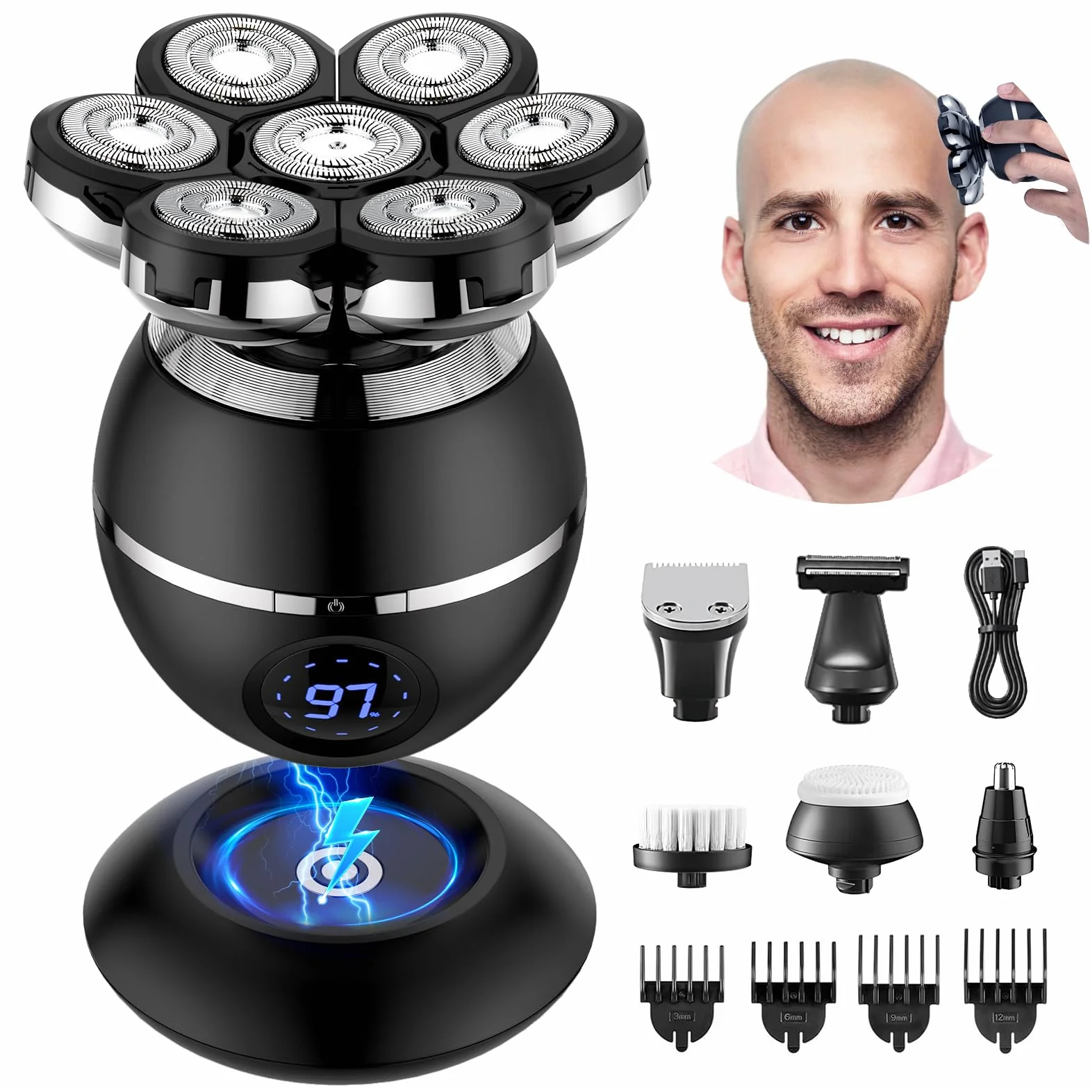 7D Rasoio Elettrico Barba Testa Calva Uomo IPX7 Impermeabile 6 in 1 con Display LED 9 Kit di Bellezza