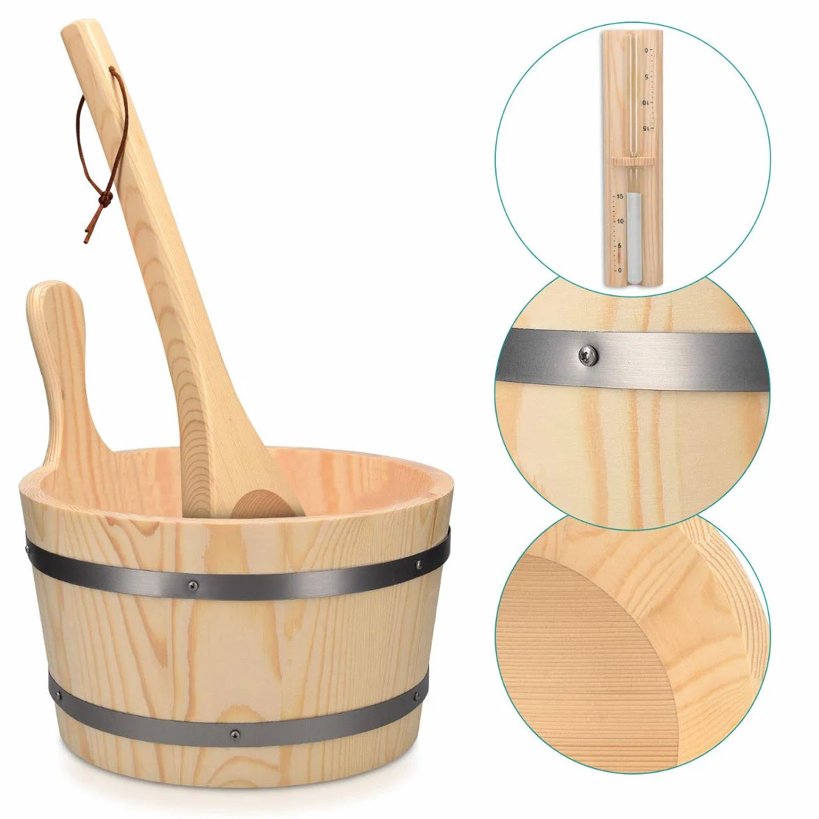 Navaris Secchiello da Sauna in Legno 5 Litri con Inserto in Plastica Mestolo e Clessidra - Set Accessori per Saune