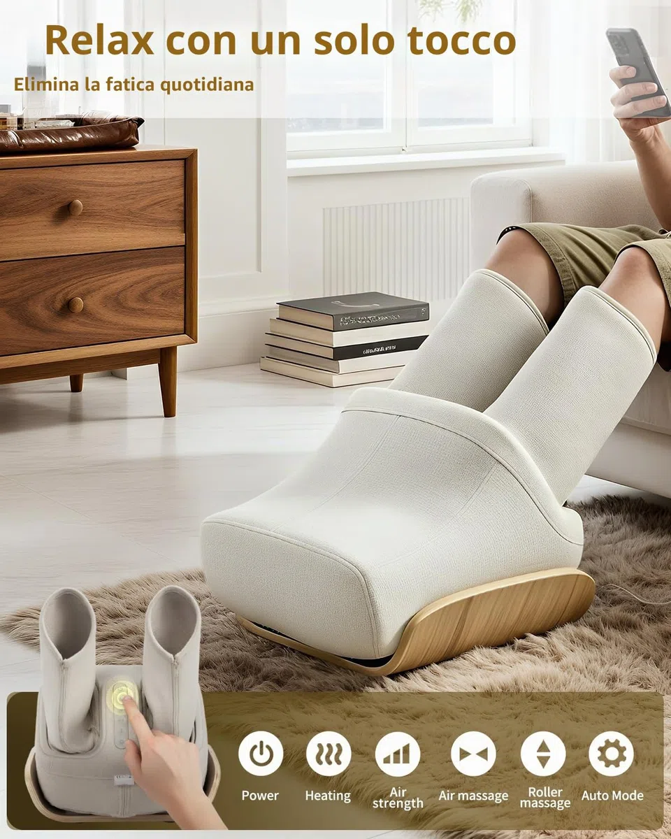 massaggiatore per piedi Shiatsu con funzione riscaldante, massaggio pneumatico per polpacci e rulli, massaggiatore per gambe per uso domestico, beige