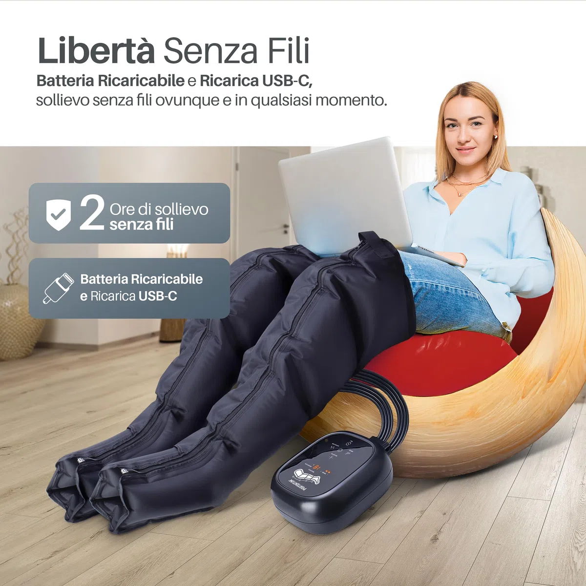 PORTENTUM Pressoterapia linfodrenaggio con batteria – Massaggiatore gambe e addome con 8 modalità e 3 intensità – Telecomando con schermo LCD – USB-C – Accessori per braccia e cintura – Borsa inclusa
