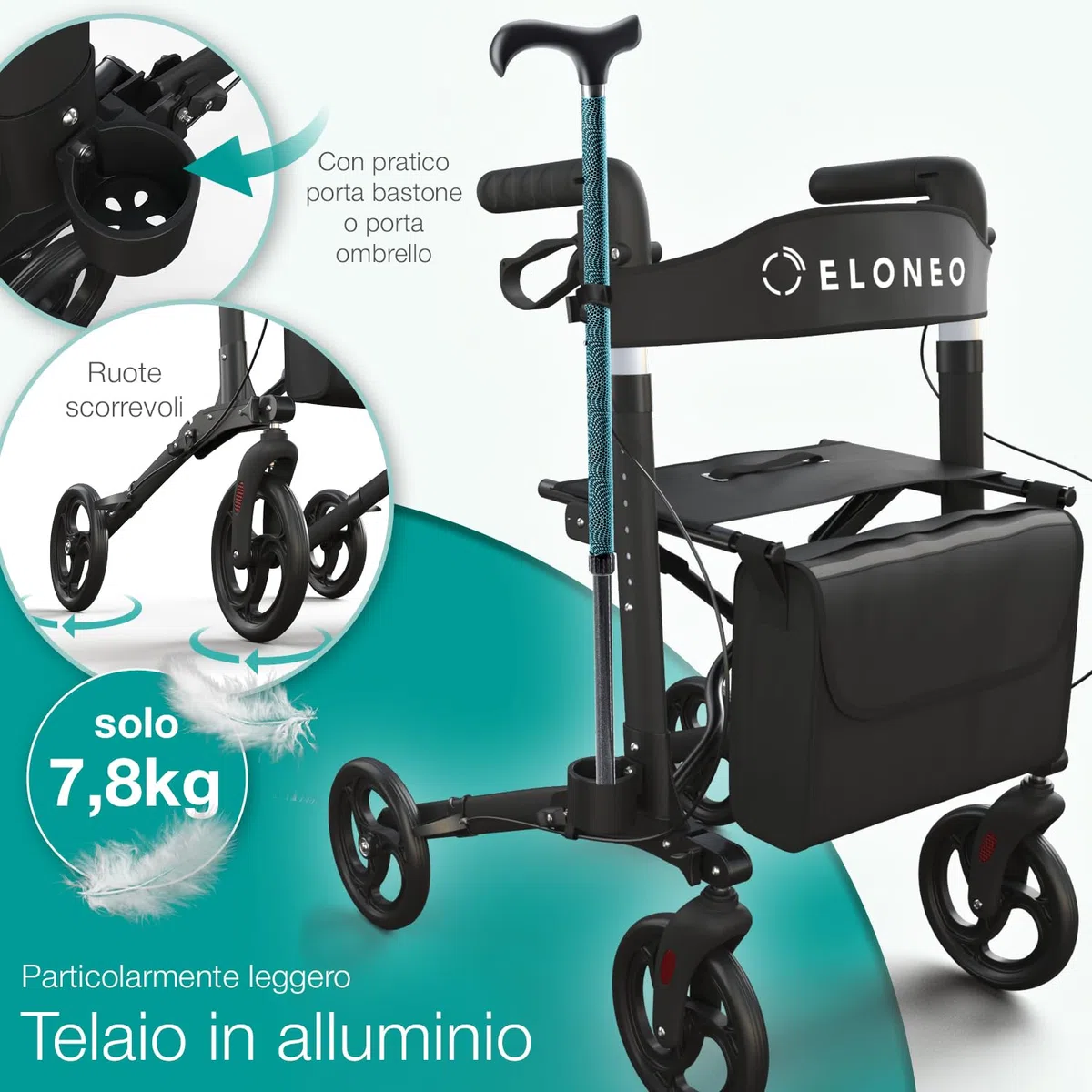 ELONEO Deambulatore con Seduta - Girello per Anziani con 4 Ruote Leggero, in Alluminio, 8 Altezze Regolabili, Deambulatore Pieghevole con Borsa e Porta Ombrello, Adatto all'Auto (Nero)