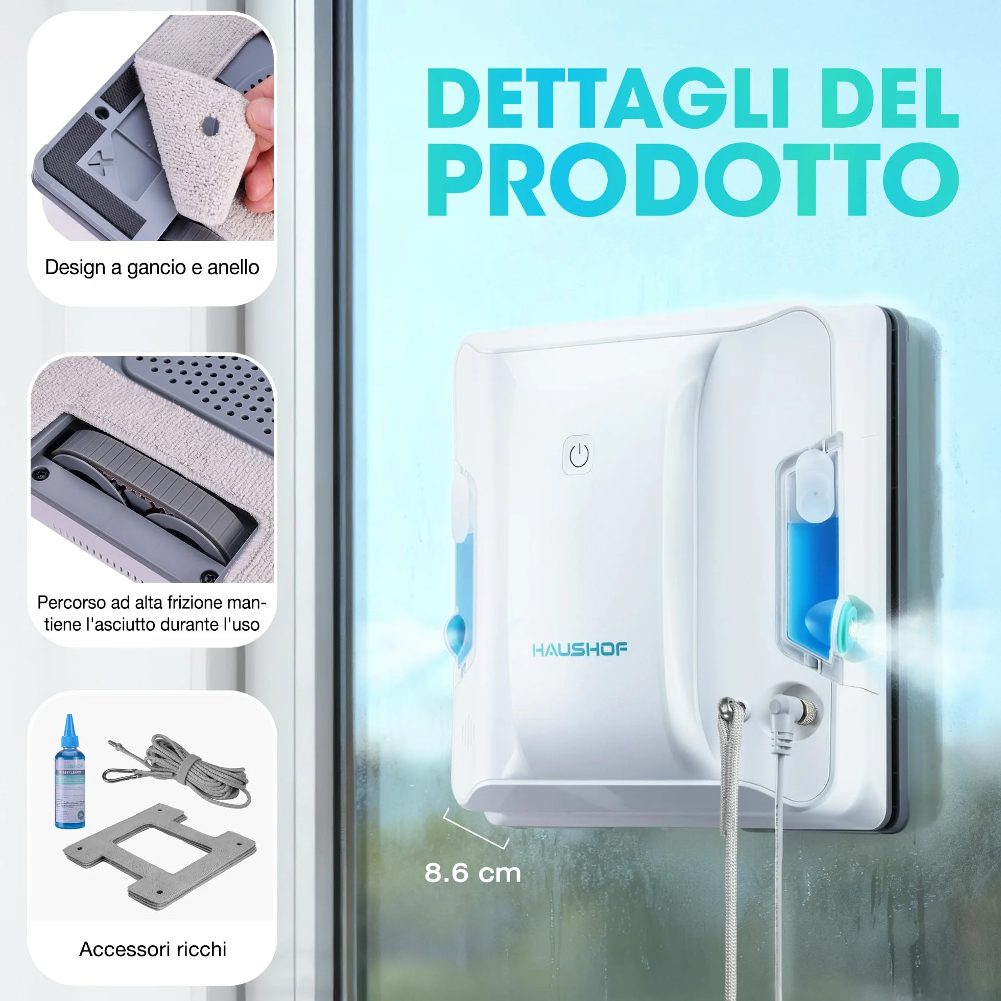 HAUSHOF Robot Lavavetri Finestre, Doppi Ugelli Spruzzo Ultrasonico, Percorso Intelligente, 3 Modalità Pulizia