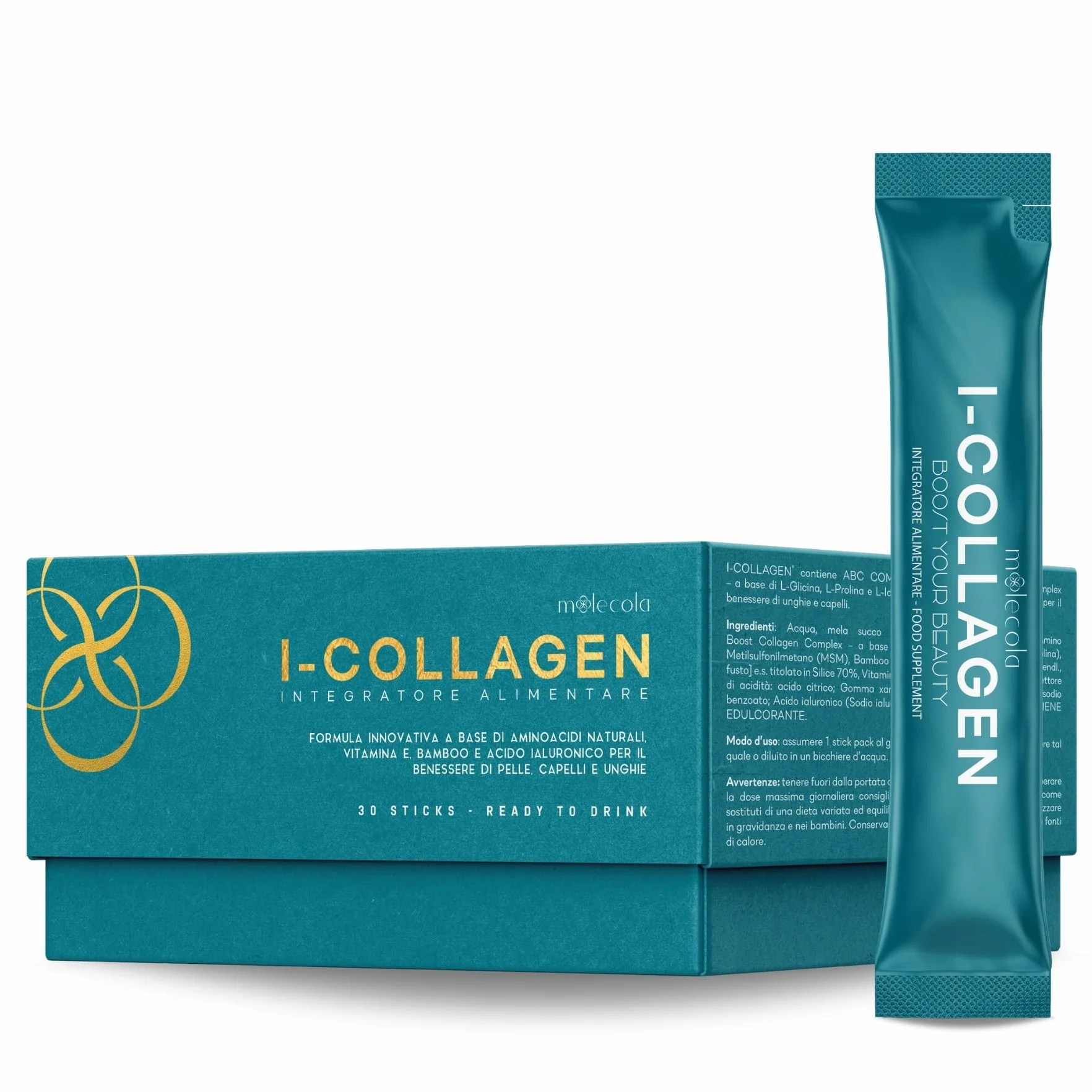 I-COLLAGEN Integratore Collagene e Acido Ialuronico con Bamboo e Vitamina E 30 Stick Vegano