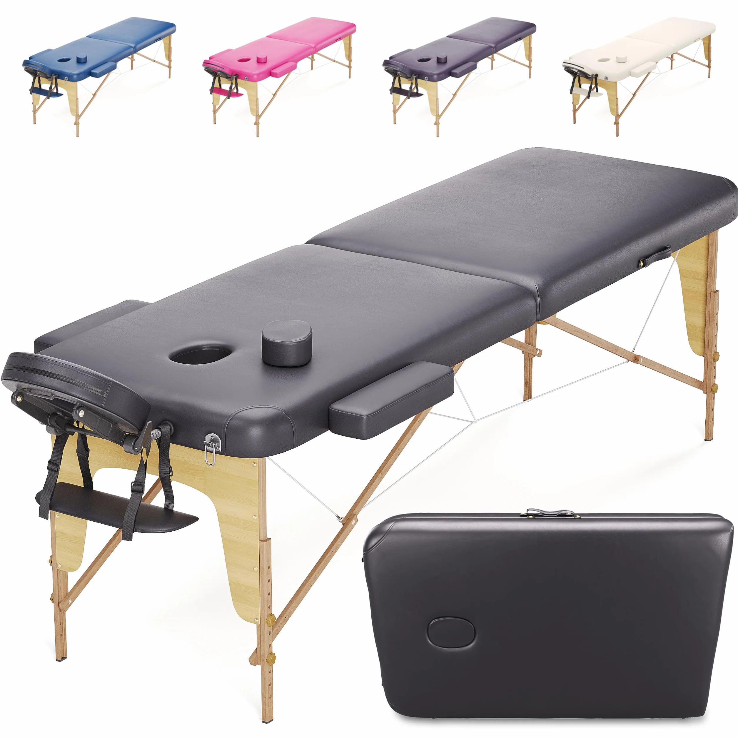 Beltom Lettino da Massaggio 2 Zone in Legno Portatile 185 x 60 cm 11,7 kg Nero