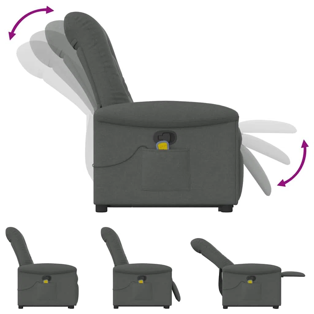 vidaXL Poltrona Alzapersona Massaggi Reclinabile Grigio Scuro Tessuto, Poltrona reclinabile rialzata, Sedia reclinabile per Anziani, Sedia alzabile elettrica