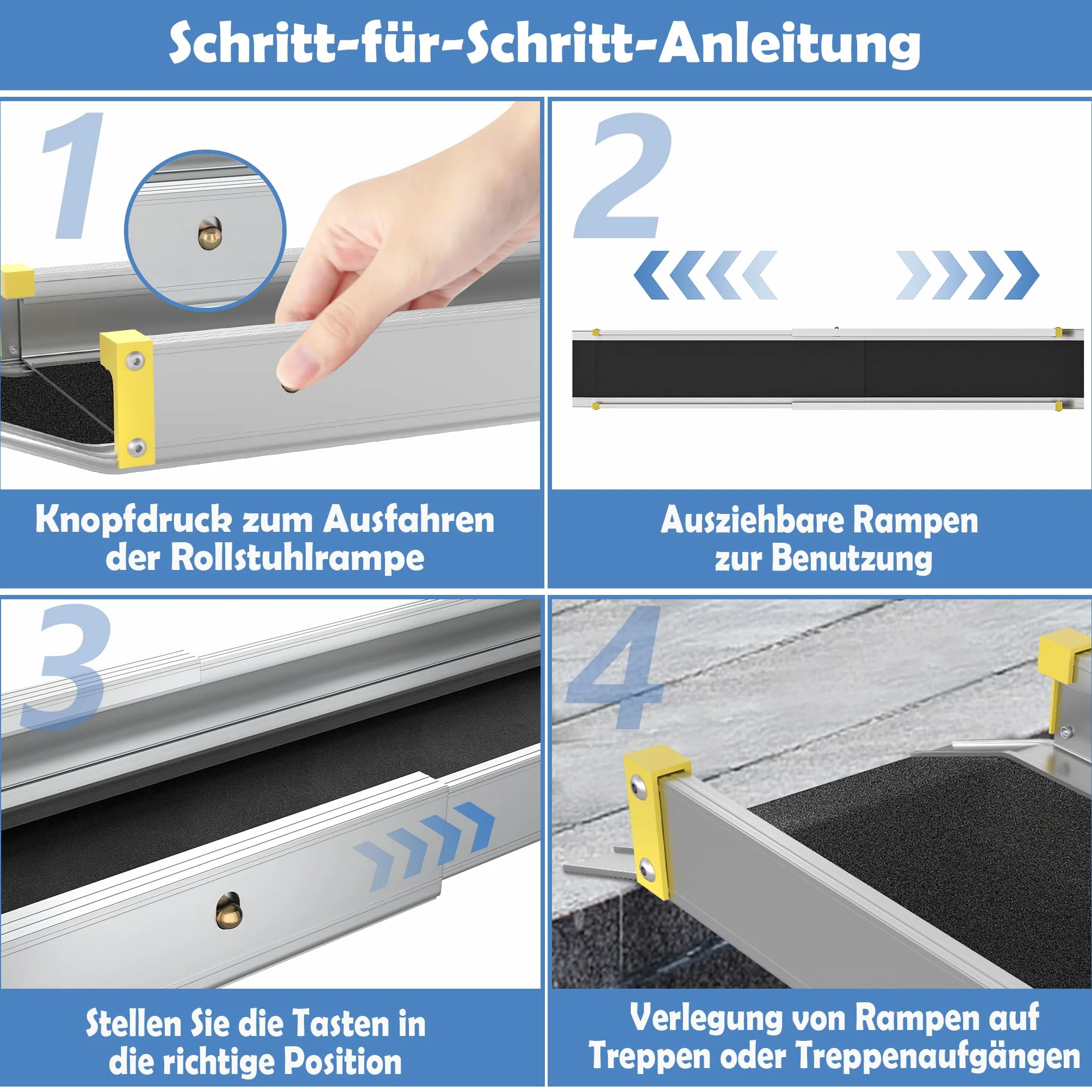 UISEBRT 2 x Rampa per sedia a rotelle, telescopica, in alluminio, rampa di carico regolabile, capacità di carico per scale fino a 300 kg (121-183-213 cm)