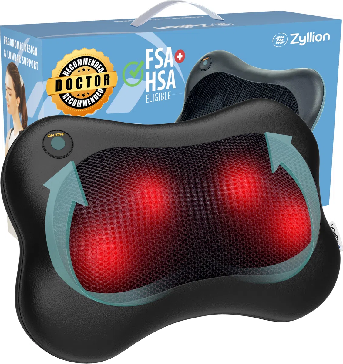 Zyllion Shiatsu massaggiatore per schiena e collo, cuscino massaggiante per tessuti profondi con impasto 3D e calore per alleviare il dolore muscolare, colore nero (ZMA-13-BK)