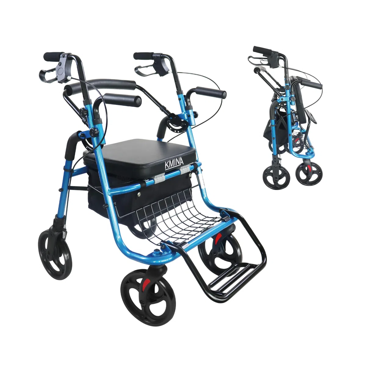 KMINA Deambulatore con Seduta 2 in 1 per Anziani, Rollator Pieghevole con Funzione Trasporto, 4 Ruote da 20cm, Freni a Leva e Cestino, Altezza Regolabile 82,5-95cm, Alluminio, Max 136kg, Nero