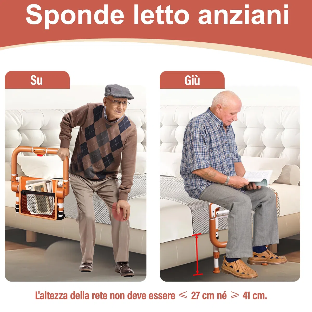 Ausili per Alzarsi dal Letto, Sponda Letto Anziani Pieghevole, con Tre Regolazioni in Altezza e una Tasca Portaoggetti, è Adatta ad Anziani, Persone con Mobilità Ridotta (Con piedini)