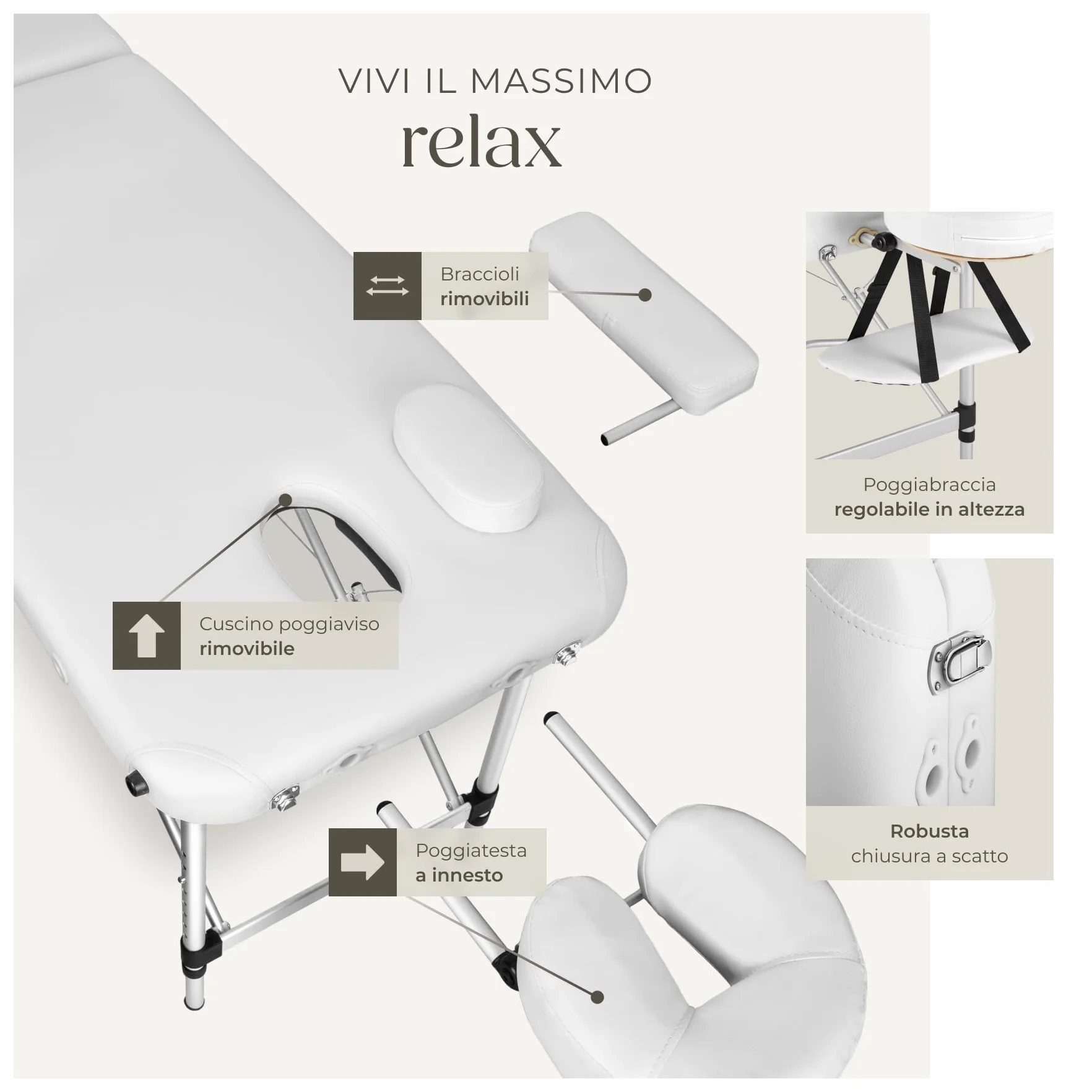 tectake Lettino Massaggio 2 Zone Portatile Regolabile Imbottitura Comfort Poggiatesta Multifunzione con Borsa Trasporto 230 kg Bianco