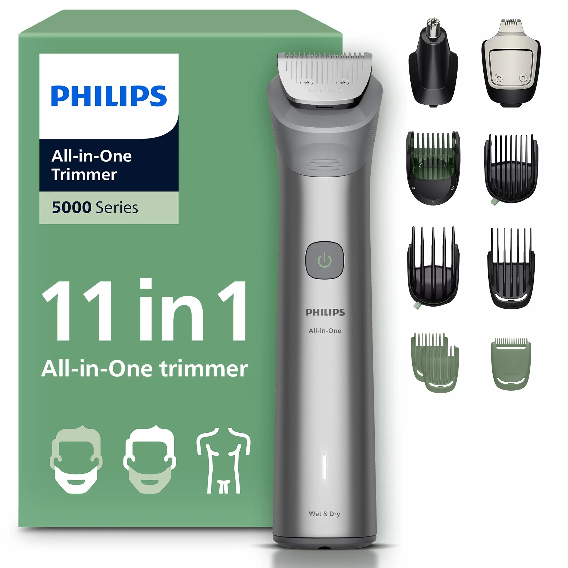 Philips Multigroom Serie 5000 11 w 1 - Trymer do brody, włosów i ciała, lame metalowe, 17 ustawień długości (0,5-16 mm), MG5951/15