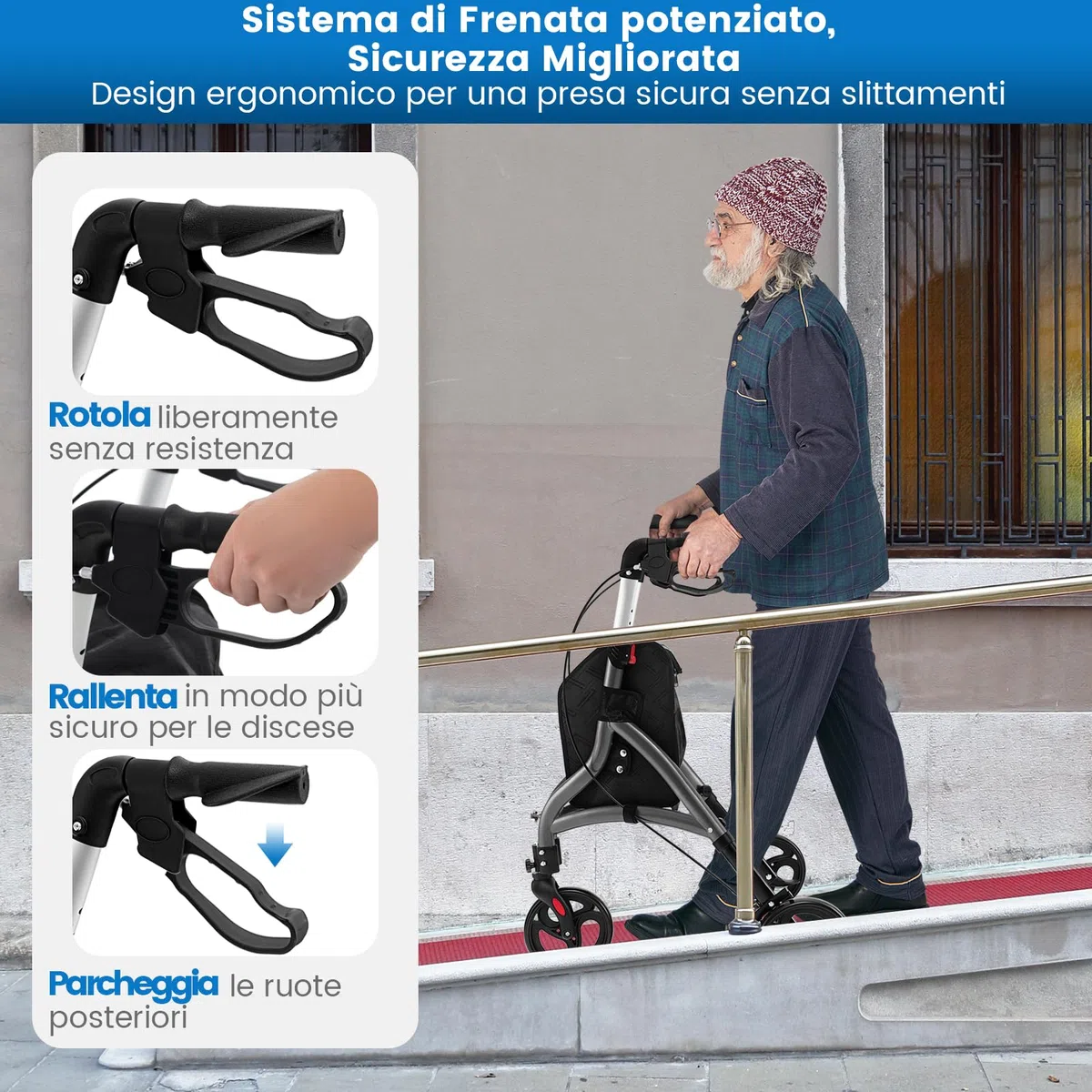 COSTWAY Deambulatore per Anziani in Alluminio Ultraleggero a 3 Ruote, Rollator per Anziani Pieghevole e Regolabile in 6 Livelli 86-96 cm con Borsa e Ruote Bloccabili, Portata 136 kg (Grigio)