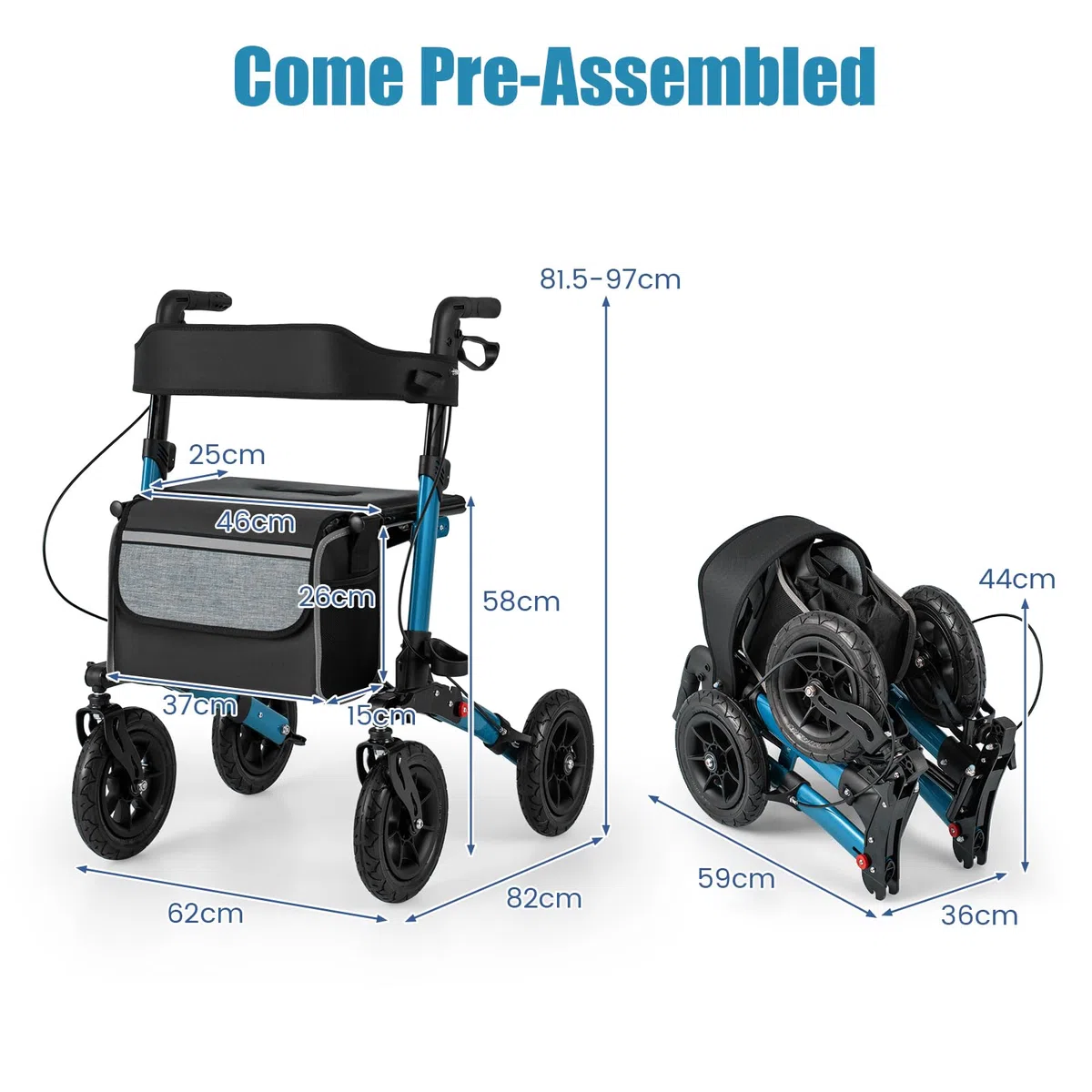 HOMASIS 2 in 1 Deambulatore per Anziani con Seduta, Deambulatore Pieghevole e Regolabile in 7 Altezze, Carrello Rollator in Alluminio per Anziani da Viaggio con Borsa, Fino a 140 kg (Blu)