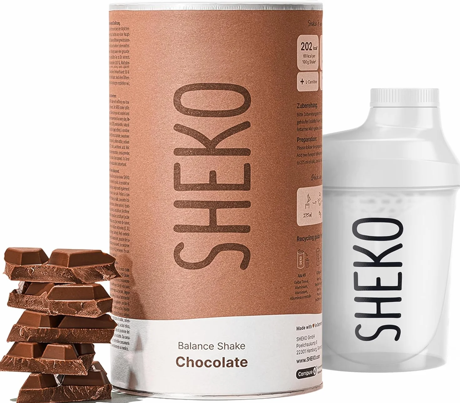 SHEKO Balance Shake Cioccolato + Shaker – 21 frullati proteici dimagranti, senza glutine, sapore naturale