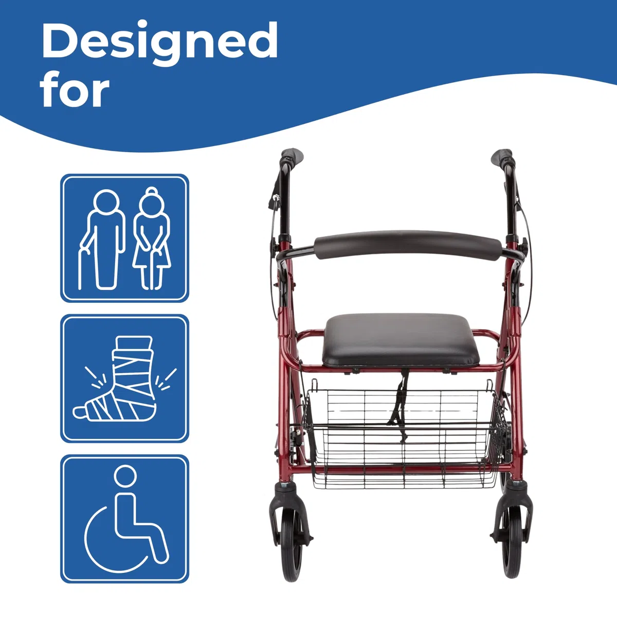 Patterson Medical - Deambulatore a 4 ruote, con freno, colore: Rosso