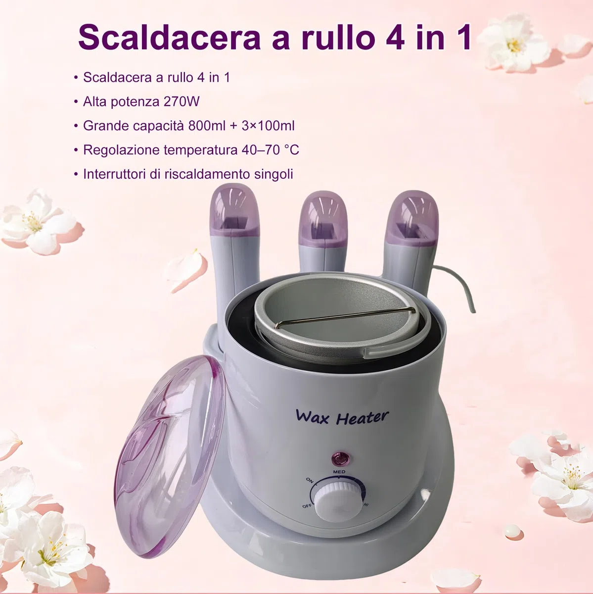 Scaldacera professionale 4 in 1, Scalda Cera per Ceretta 800 ml + 3 Ceretta Rullo 100 g con interruttori indipendenti, Kit Ceretta adatto alla depilazione completa del corpo (Rosa)