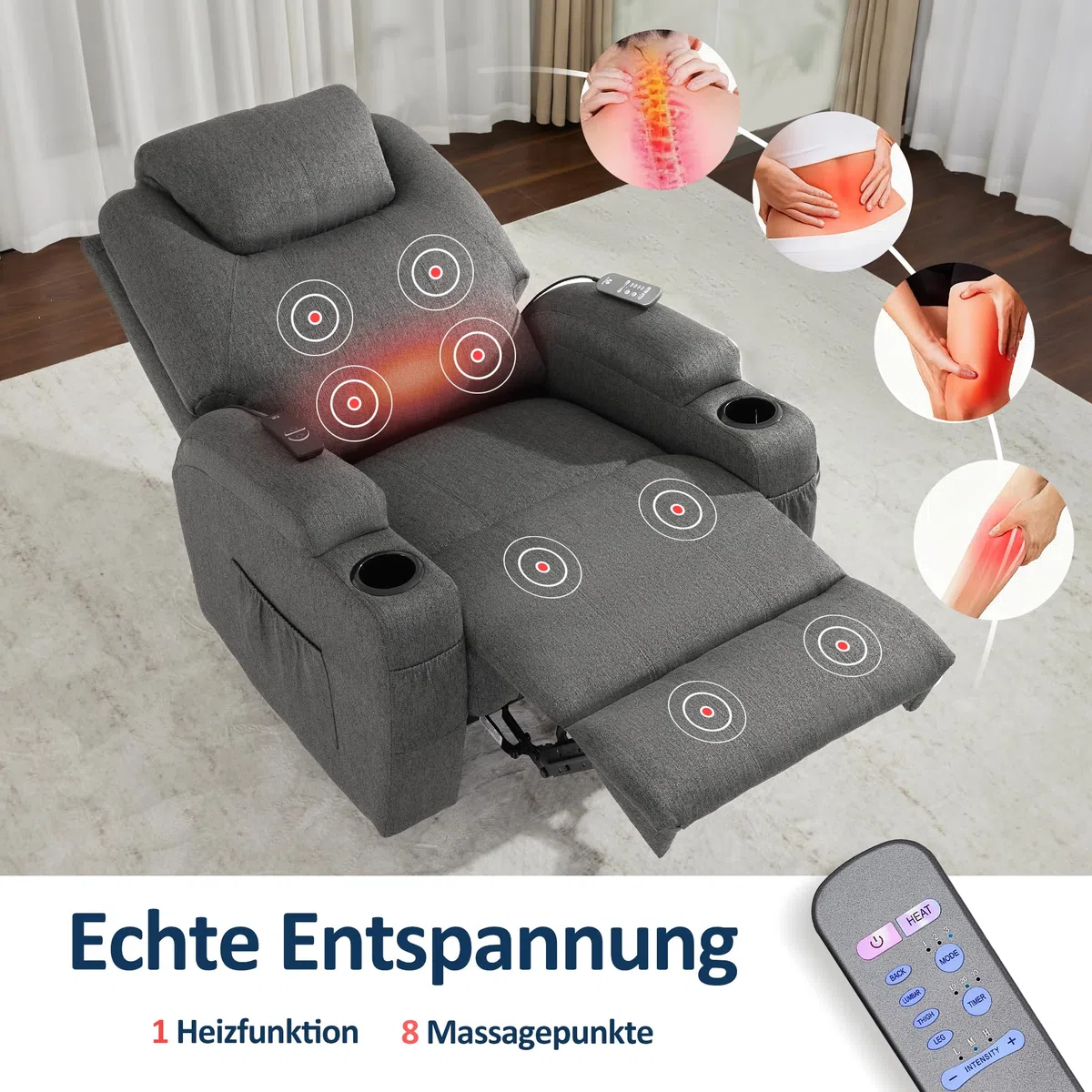 M MCommbo Poltrona relax elettrica Poltrona massaggiante Poltrona TV Funzione reclinabile Riscaldamento a vibrazione Nuovo modello 7061 (Tessuto, Grigio)