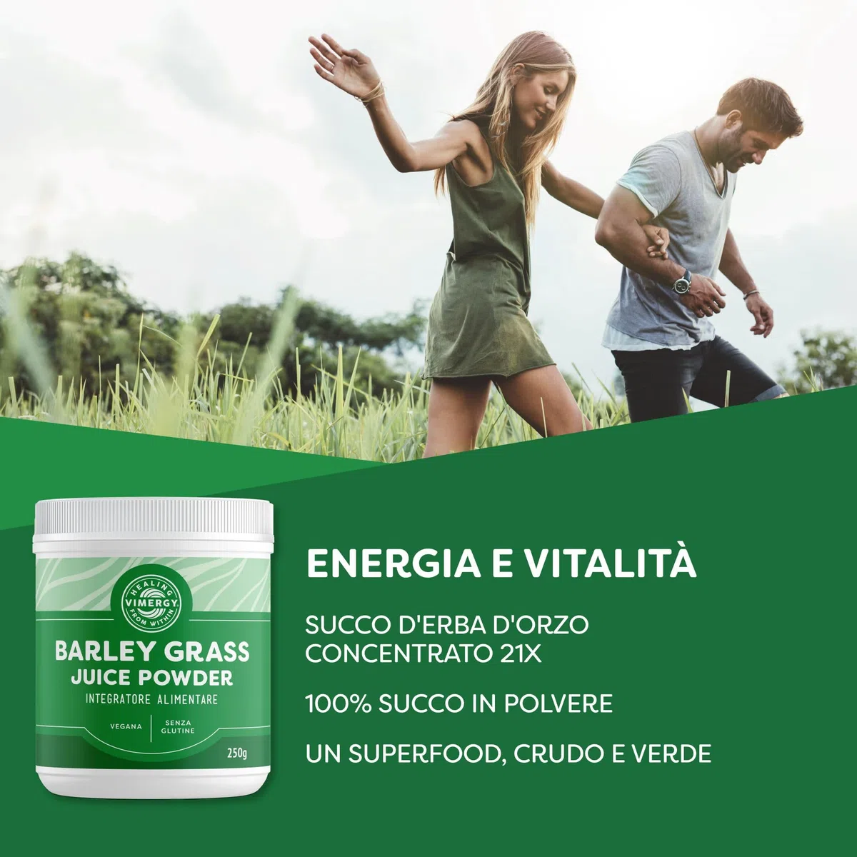 Vimergy Barley Grass Juice Powder, 62 Dosi – Erba d'Orzo in Polvere Super Green – Senza Antiagglomeranti, Riempitivi, Aromi, Zucchero – Vegano, Senza OGM e Senza Glutine (250 g)