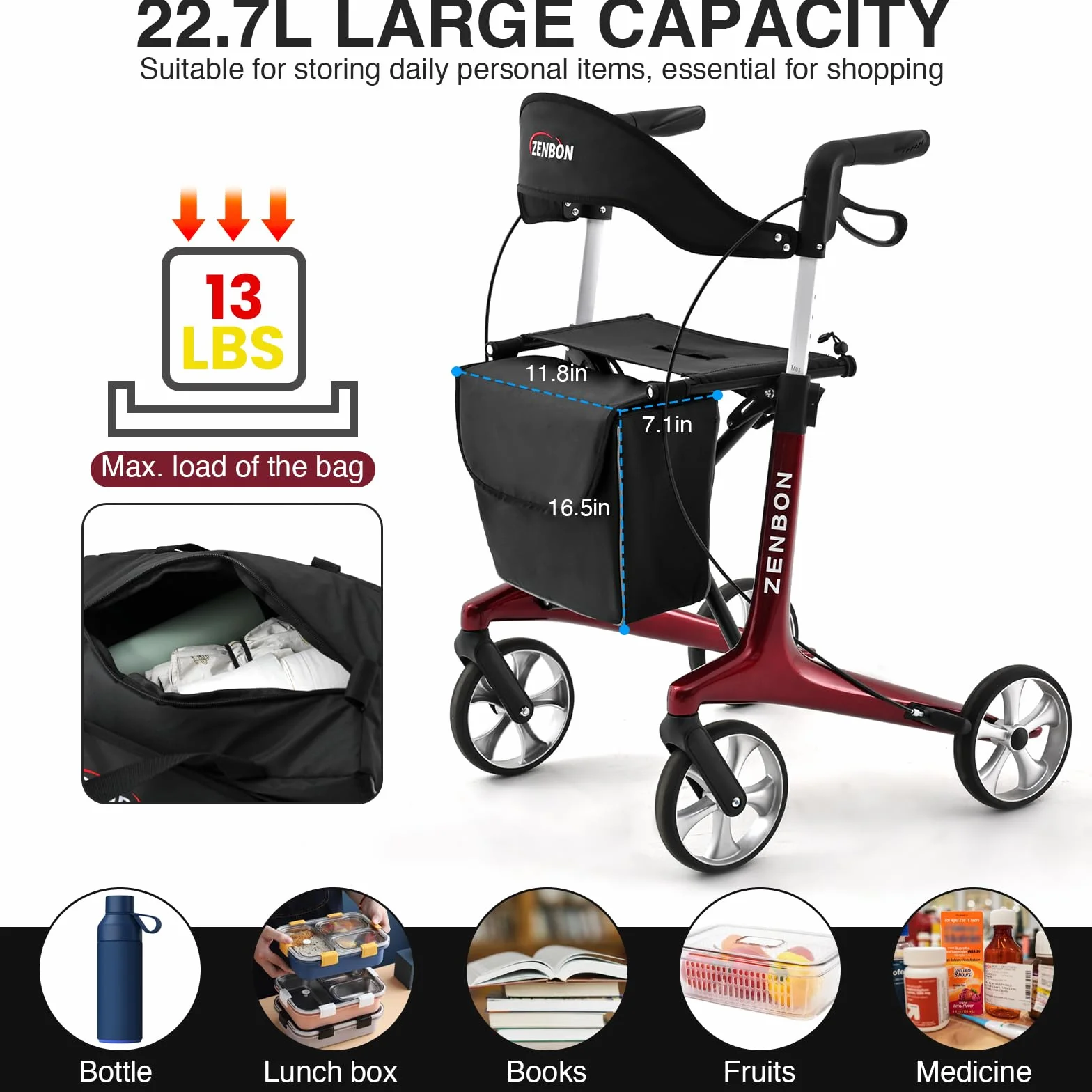 Deambulatore Carbonio Ultralight 5,5 kg: Rollator 4 Ruote Pieghevole e Leggero con Sedile Deambulatore in carbonio per Anziani - Rollator Pieghevoli Leggeri per Viaggi nel Bagagliaio e in Aereo