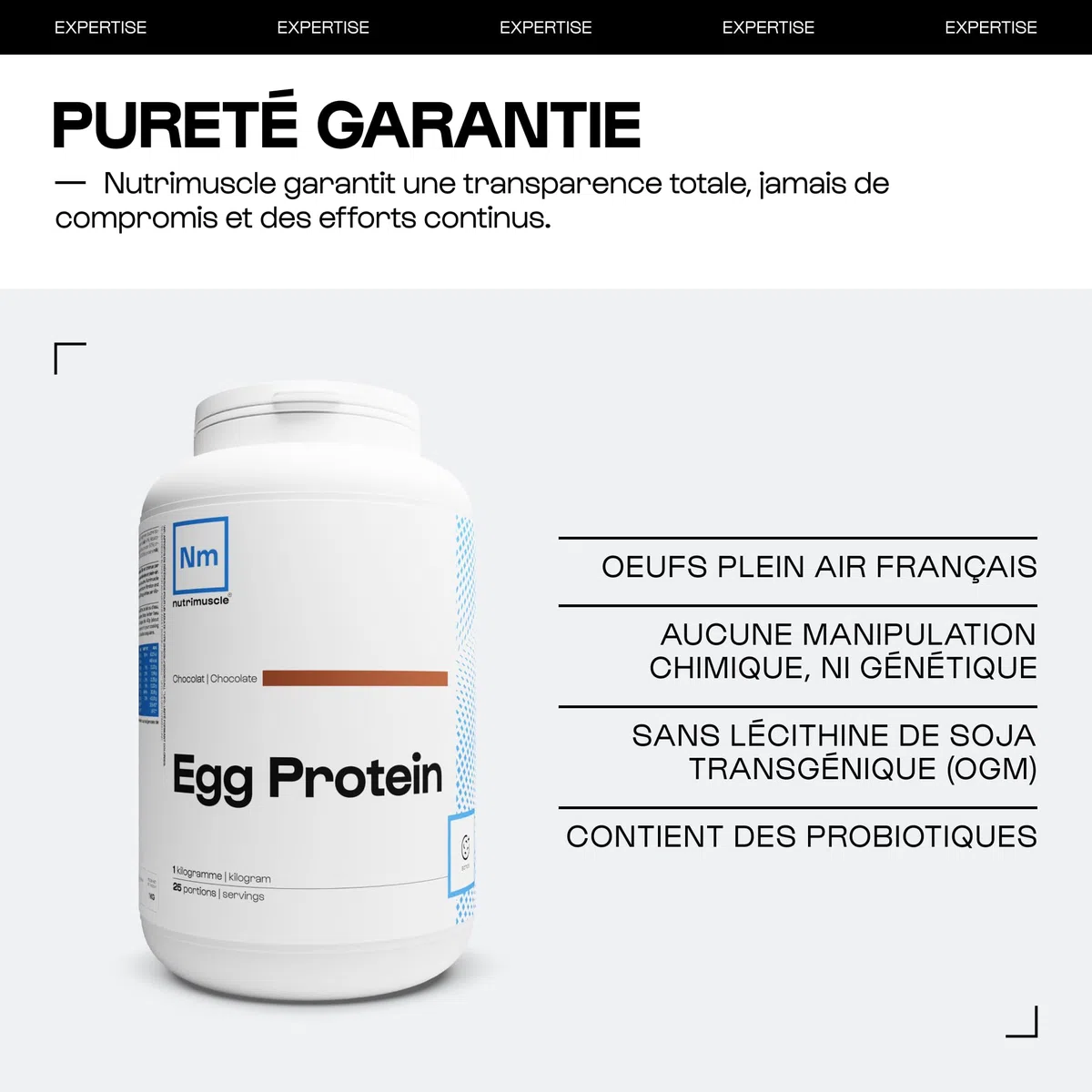 Nutrimuscle 100% proteine di uova pure | Pollo ruspante Francia - Shaker in polvere - 86% di proteine - Bodybuilding e fitness | Natura