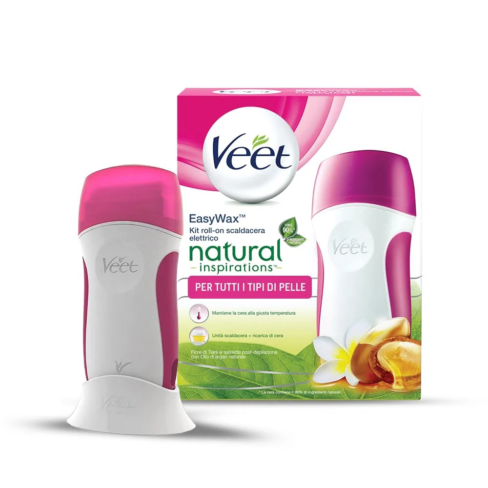 Veet Kit Roll-on Scaldacera Professionale Easy Wax Natural Inspiration, Inclusi Rullo Scaldacera Elettrico, 1 Ricarica di Cera 50ml, 12 Strisce e Salvietta Post-Epilazione, 90% Ingredienti Naturali