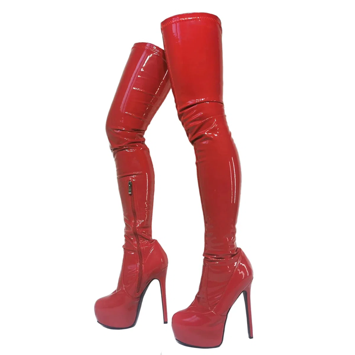 Stivali sopra Il Ginocchio in Pelle Verniciata Elasticizzata da Donna, Stivali Alti alla Coscia con Plateau Rossi, Stivali Lunghi con Tacco a Spillo da 6 Pollici