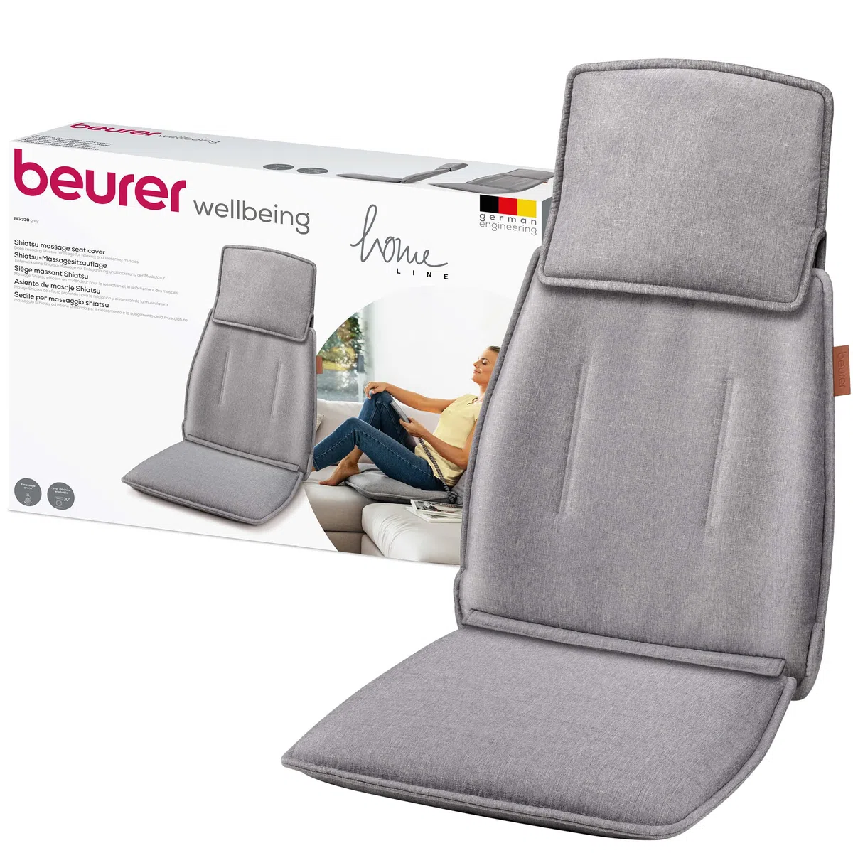 Beurer MG 330 Coprisedile Massaggiante Shiatsu Grigio con 3 Aree di Vibrazione a 4 Testine che Simulano il Massaggio Manuale, 2 Livelli di Intensità, Interruttore Manuale