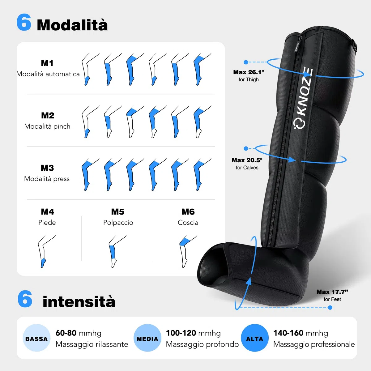 KNQZE Massaggiatore a Compressione per Gambe con 6 Modalità, 6 Intensità per La Circolazione e I Sollievo dal Dolore, Recupero con Compressione dell'aria per un Massaggio Completo delle Gambe