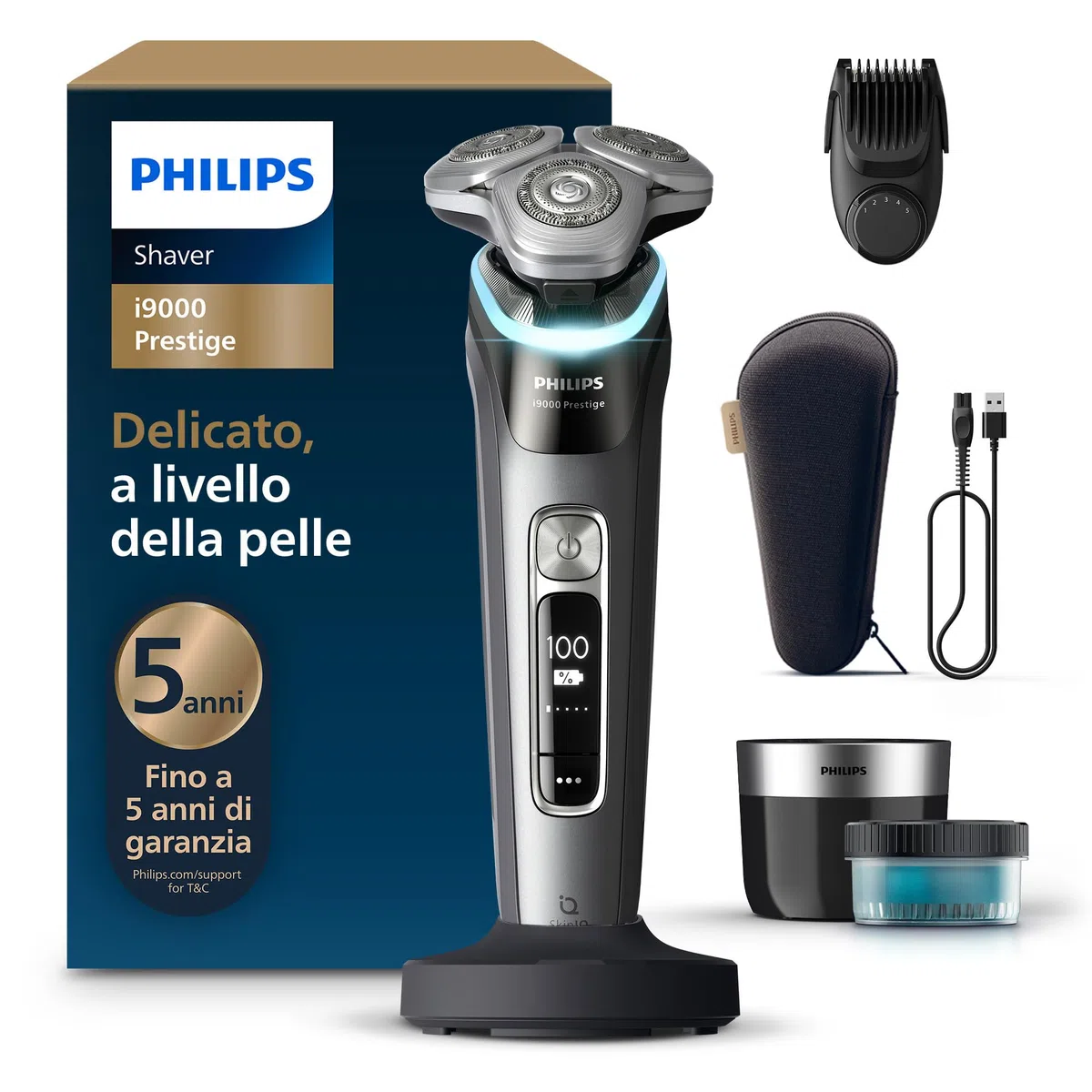 Philips Shaver i9000 Prestige, rasoio elettrico Wet & Dry, tecnologia Skin IQ, triplo sistema di sollevamento e taglio, doppie lame di precisione in acciaio 360º, styler per barba, modello XP9202/33