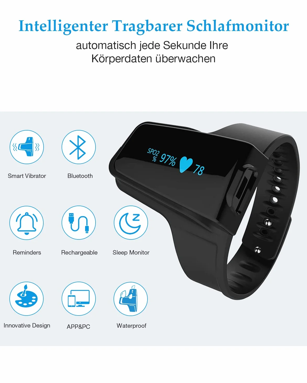 Saturazione Ossigeno da Dito, 72 ore di Autonomia della Batteria Pulsossimetro da Dito con Allarme a Vibrazione per Apnea Notturna, Pulsossimetro Bluetooth da polso