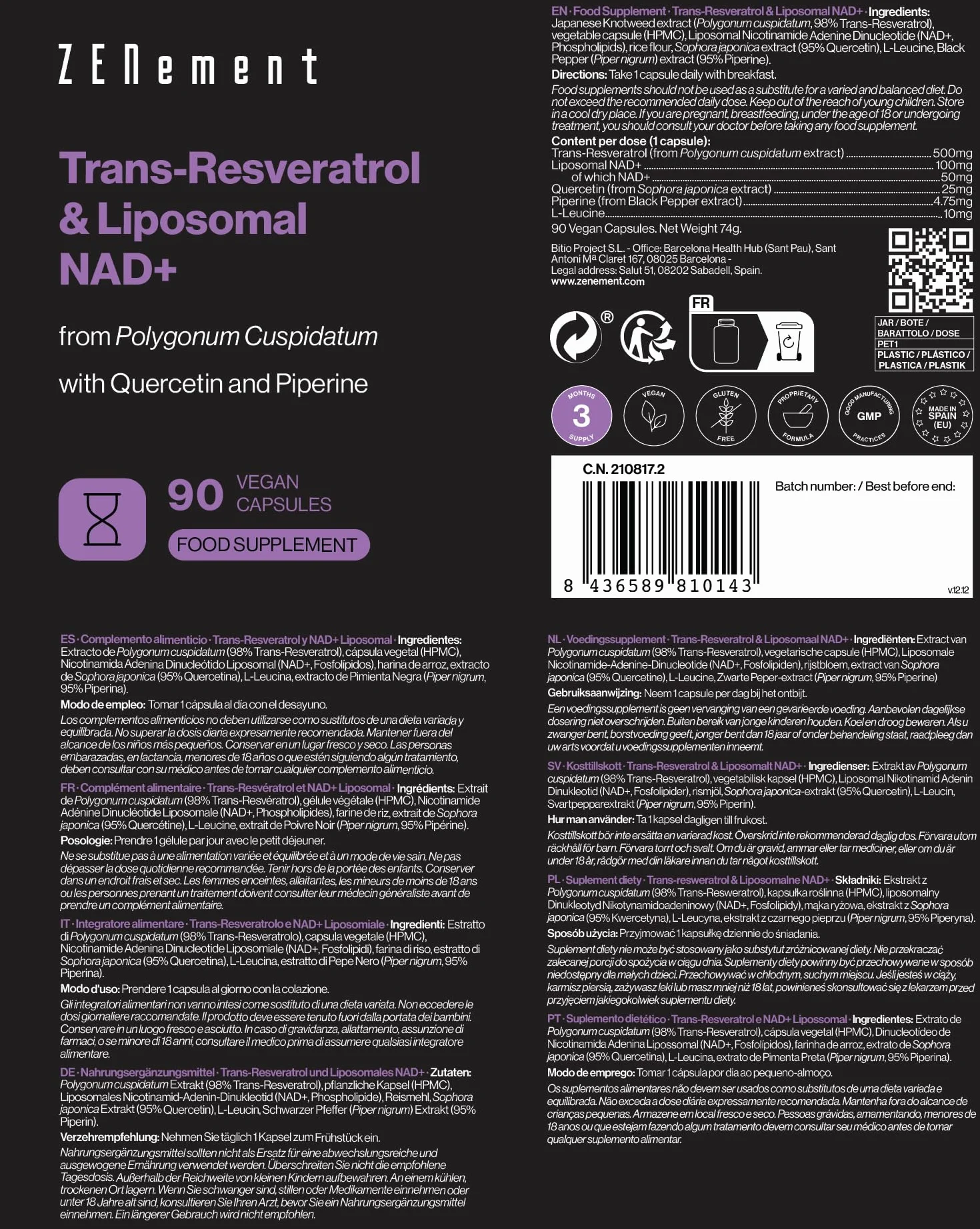 Trans-Resveratrolo & NAD+ Liposomiale con Quercetina e Piperina 580 mg 90 Capsule Anti-Invecchiamento Zenement