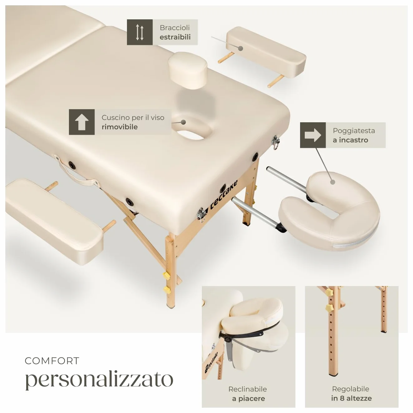 tectake Set Lettino Massaggio a 2 Zone con Rulli Portatile Pieghevole 7,5 cm Beige