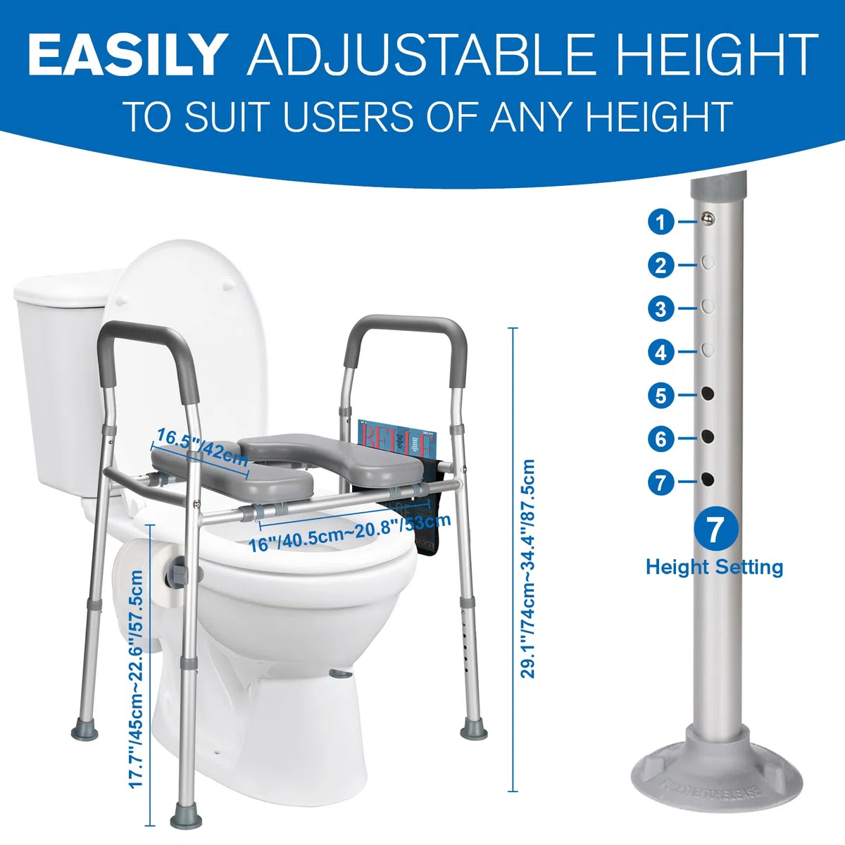Rialzo WC Regolabile per Anziani e Disabili, Altezza 74-86 cm, Larghezza 50-60 cm, con Braccioli e Portariviste, Bianco