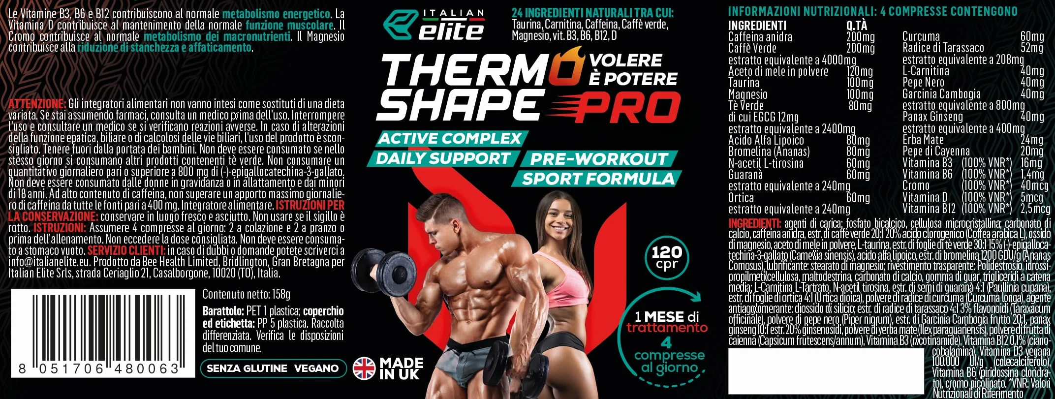 Italian Elite Thermo Shape Pro 120 cpr Integratore Alimentare Pre Workout Caffeina Carnitina Taurina Bromelina Magnesio