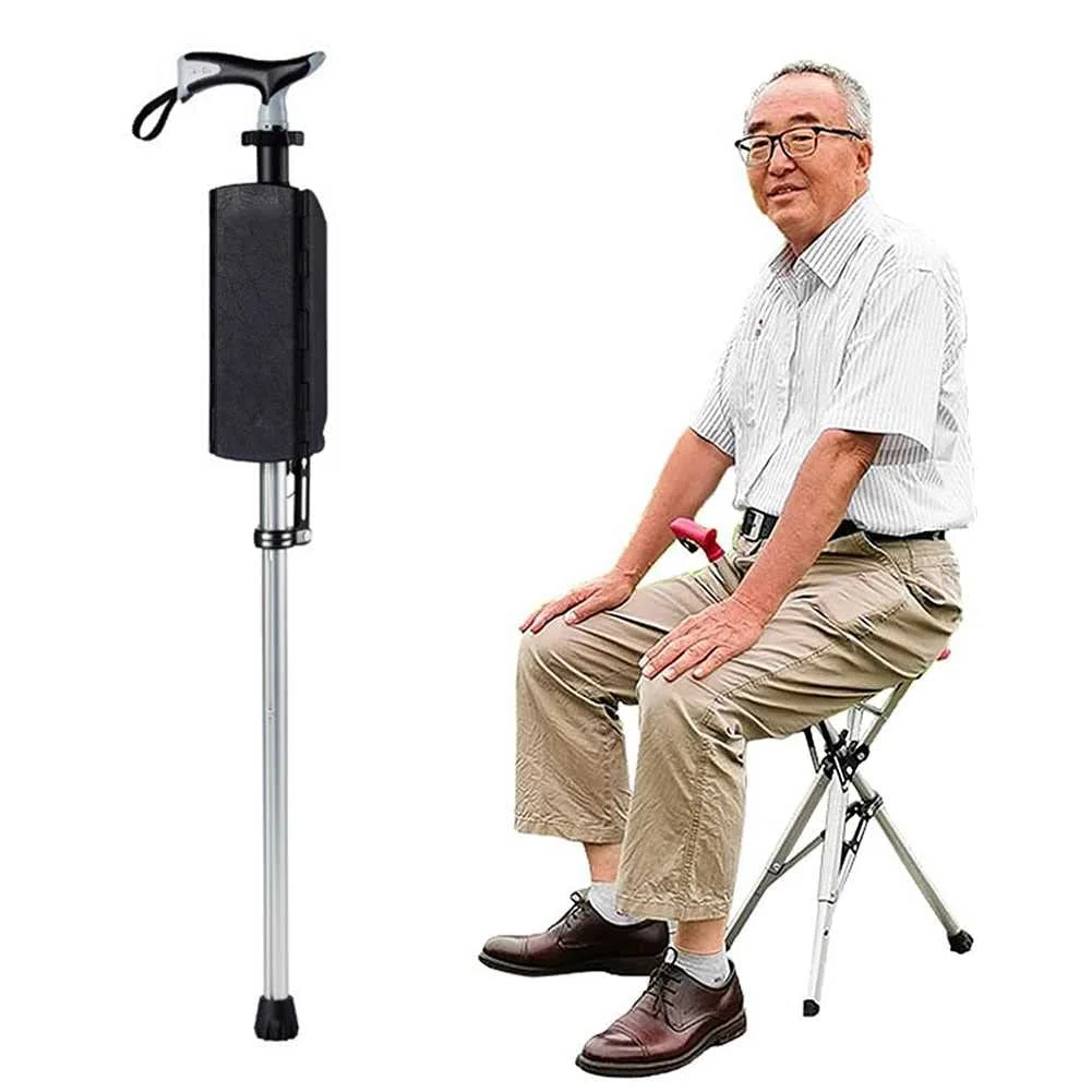 Bastone da Passeggio con Sedile, Aiuto Stampella con treppiede per Disabili Anziani, Sedile Pieghevole Canna, Lega di Alluminio, Caricamento Statico 100Kg