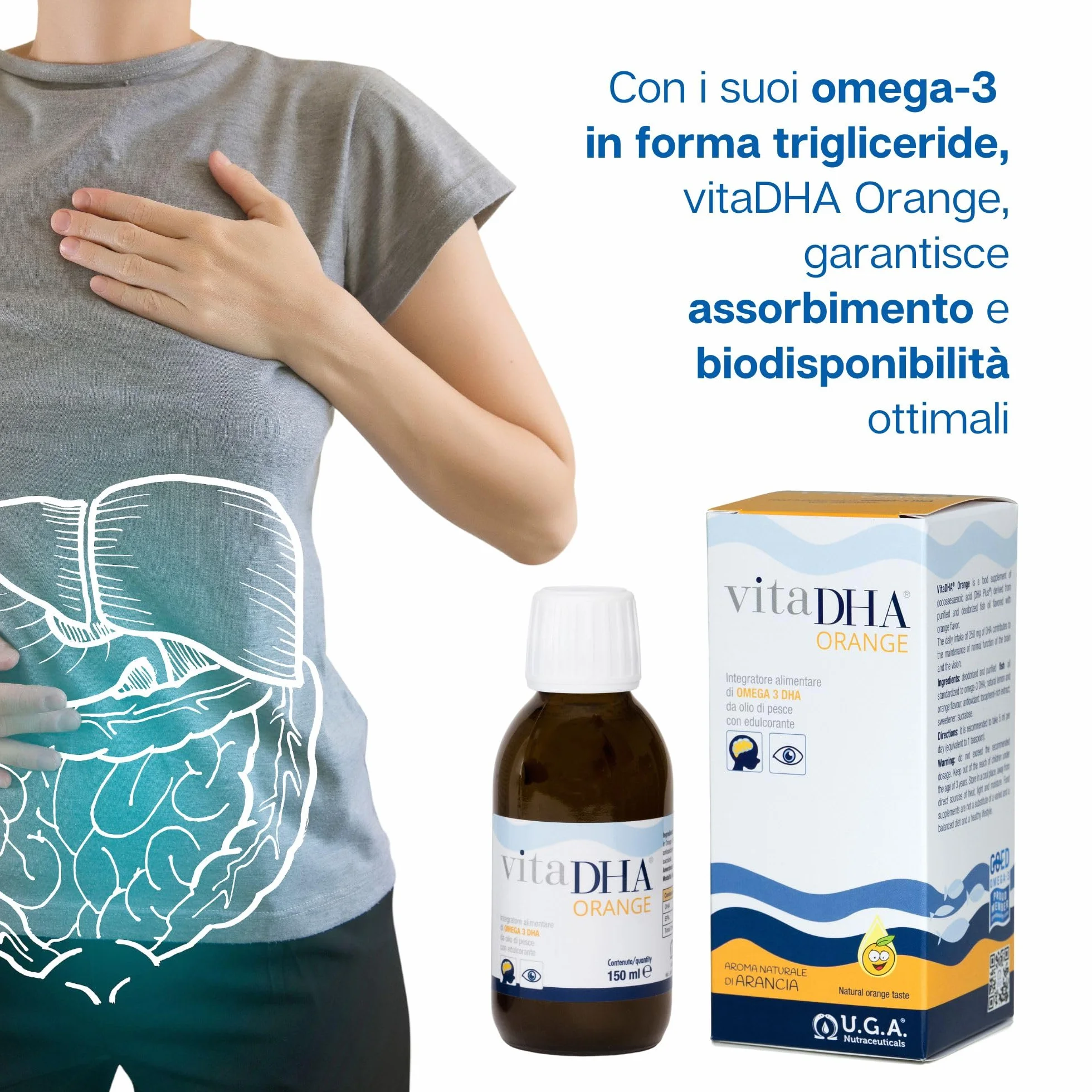 VitaDHA Orange Omega 3 IFOS 5 Stelle 150 ml 1035mg DHA 275mg EPA Omega3 Liquido Vitamina E Gusto Agrumi