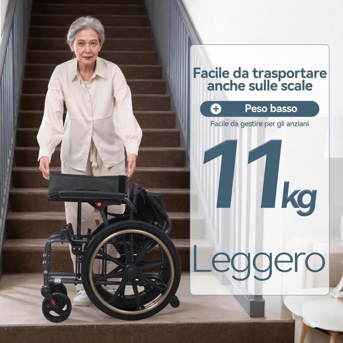 M4 Sedia a rotelle pieghevole autopropulsata per adulti(11KG), seduta ampia 46cm, con poggiapiedi rimovibili, ruote antiribaltamento e doppio sistema frenante, robusta e resistente, portata 100KG-Nero