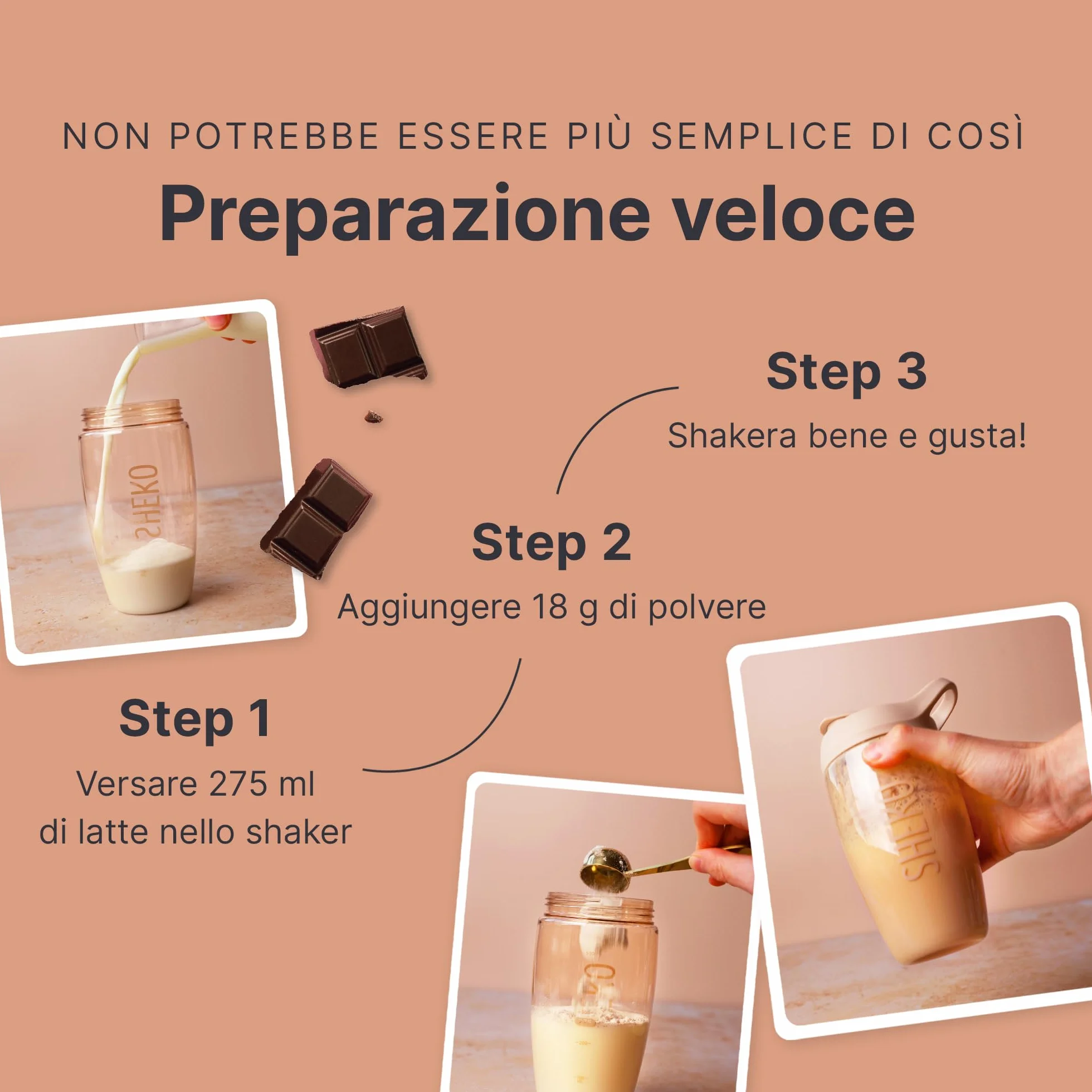 SHEKO Balance Shake Cioccolato + Shaker – 21 frullati proteici dimagranti, senza glutine, sapore naturale