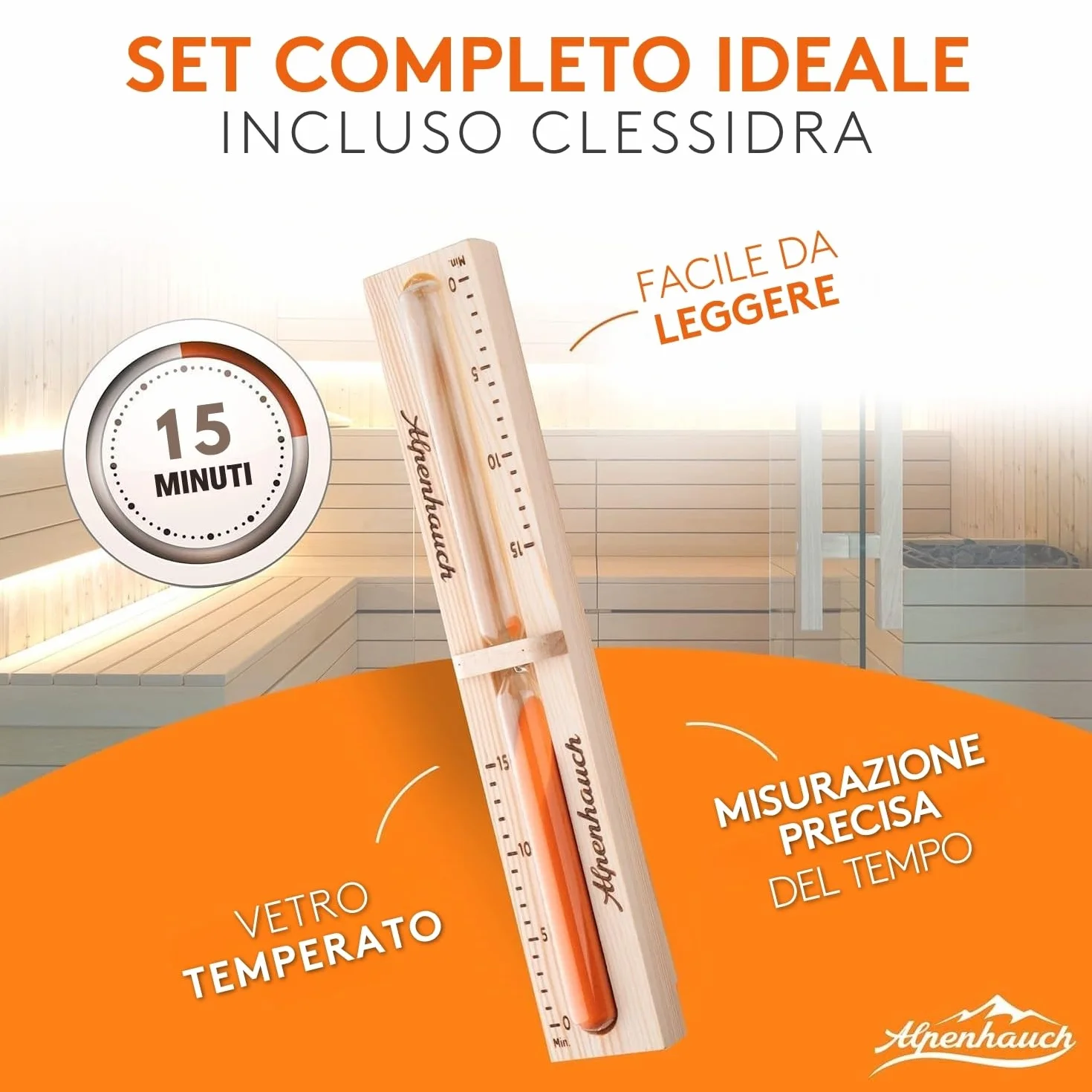 ALPENHAUCH Secchio per sauna con cucchiaio in legno naturale - Set accessori sauna con clessidra e termometro