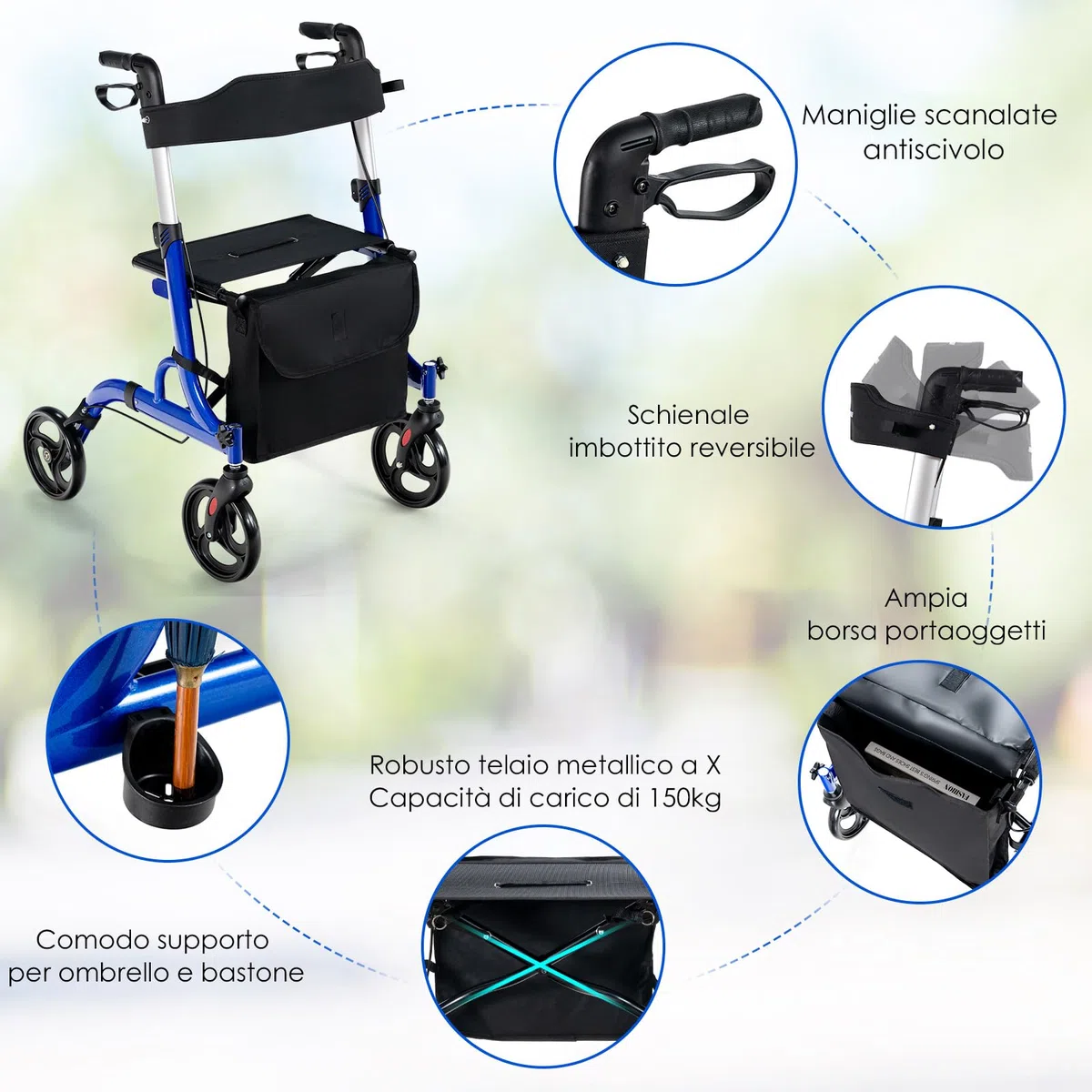 COSTWAY Deambulatore con Seduta 2 in 1, Rollator Pieghevole, Deambulatore per Anziani con 4 Ruote, Maniglie Regolabili Freni, con Doppia Funzione Schienale Reversibile e Borsa Portaoggetti (Blu)