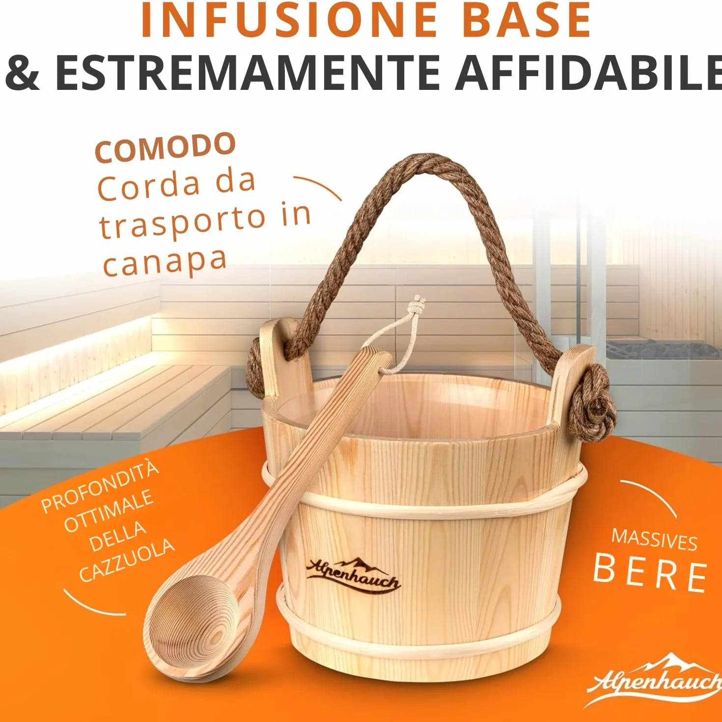 ALPENHAUCH Secchio per sauna con cazzuola legno naturale, set accessori durevoli per infusione