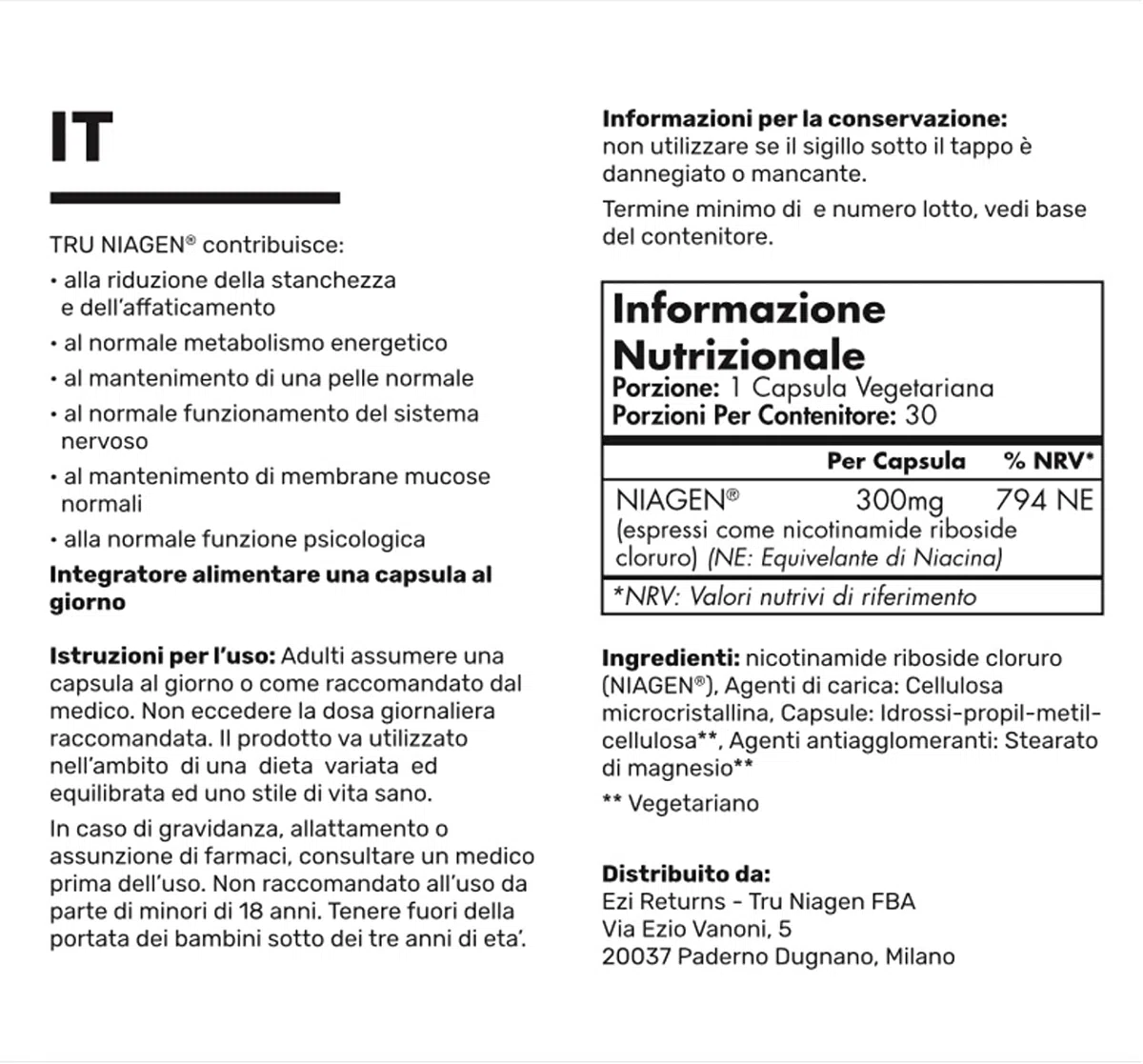 TRU NIAGEN Nicotinamide Riboside Integratore NAD, formula brevettata NR, 300 mg per capsula/300 mg per porzione 30 giorni (2 mesi/2 bottiglie)