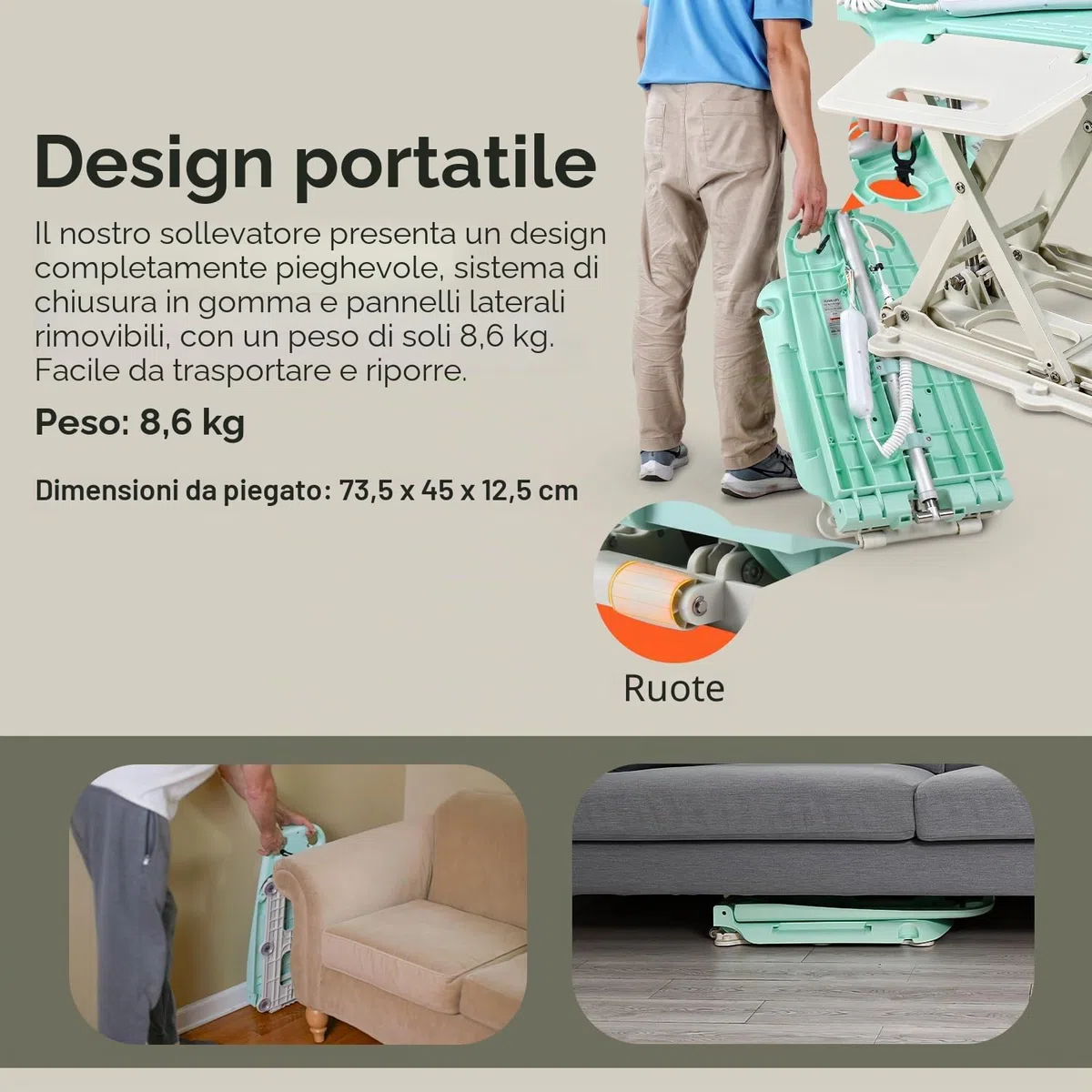 SuperHandy GoRise LT Sollevatore Portatile per Pavimento e Bagno - Leggero, Pieghevole, Capacità 150 Kg, Impermeabile, Sedile Ergonomico con Pannelli Rimovibili, 8,6 Kg [Brevetto in Corso]