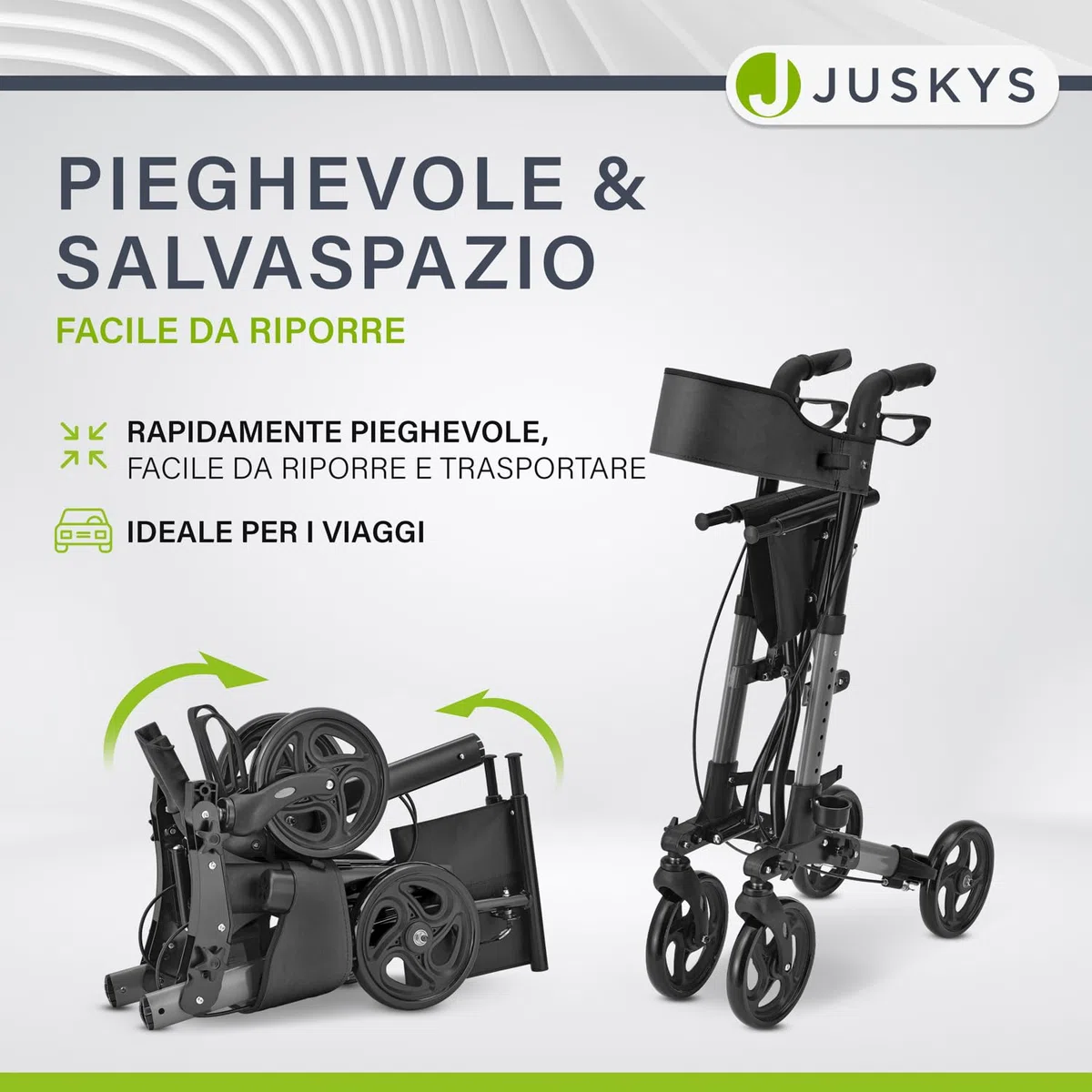Juskys Rollator Vital nero – Aiuto per la deambulazione pieghevole e leggero in alluminio fino a 130 kg – Supporto per la deambulazione regolabile in altezza con sedile, borsa e supporto per ombrello
