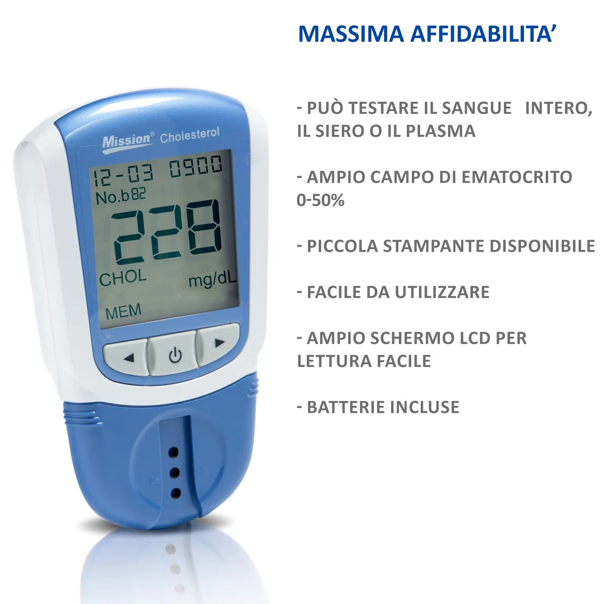 Mission 3 in 1, Misuratore di Trigliceridi, Colesterolo Totale, LDL e HDL, fornito con 5 lancette di sicurezza, 2 dispositivi di controllo, borsa trasportabile e manuale in Inglese e Italiano