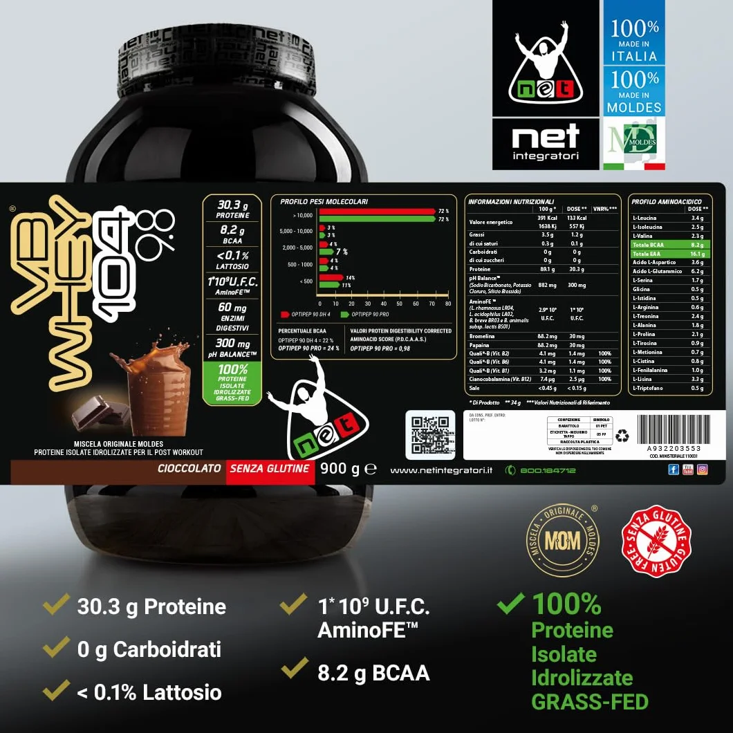 NET Integratori VB WHEY 104 9.8 Optipep 900g Cioccolato Proteine Isolate Idrolizzate EAA BCAA