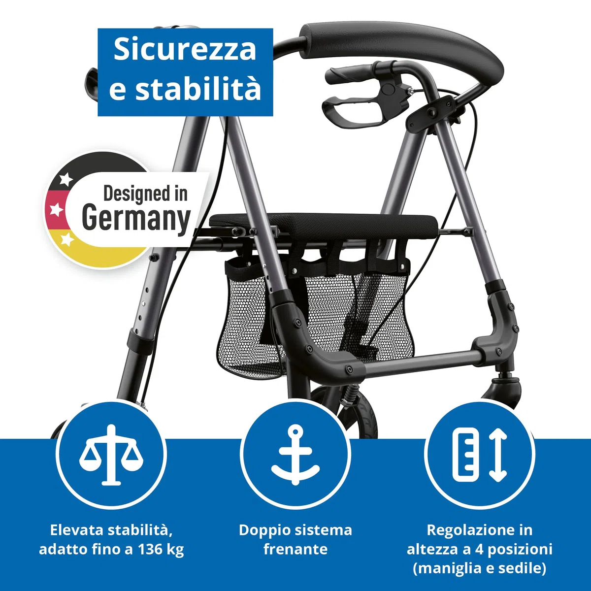 Deambulatore leggero e regolabile, 6,2 kg, seduta imbottita con schienale, rete e supporto per bastone, pieghevole, maniglie e seduta regolabili in altezza in 4 posizioni, carrello da passeggio da