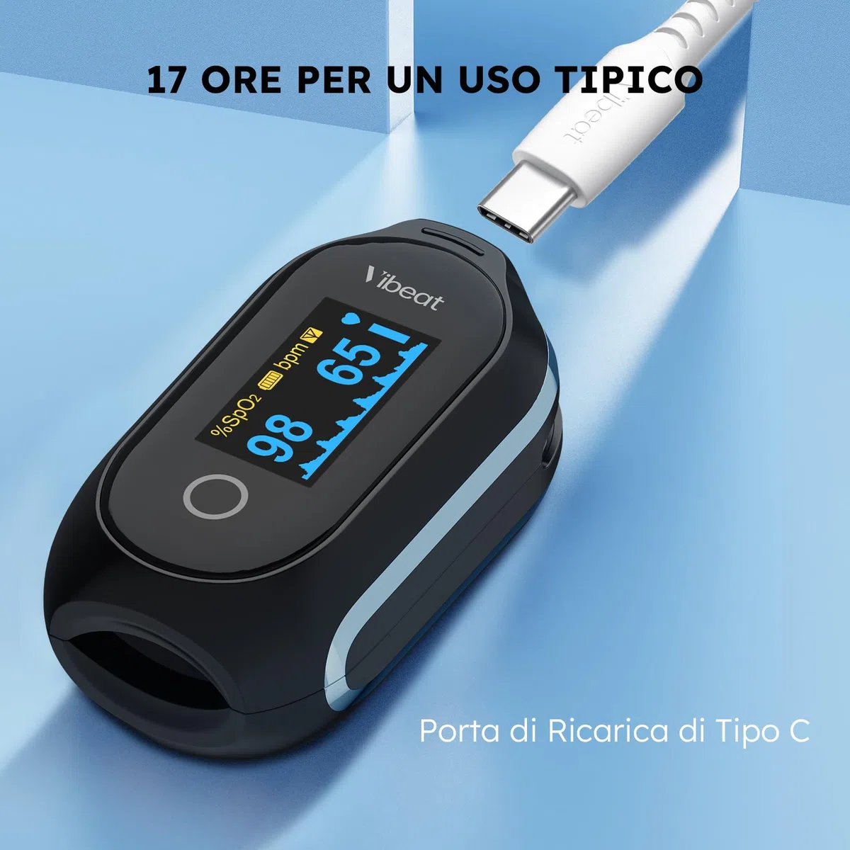 Vibeat Sleep Pulsossimetro da dito Bluetooth con Modalità Continua, Pulsossimetro Ricaricabile con 8 * 10 ore di Registrazione dati, con Sincronizzazione Automatica dei Dati